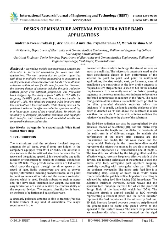 IRJET- Design of Miniature Antenna for Ultra Wide Band Applications | PDF