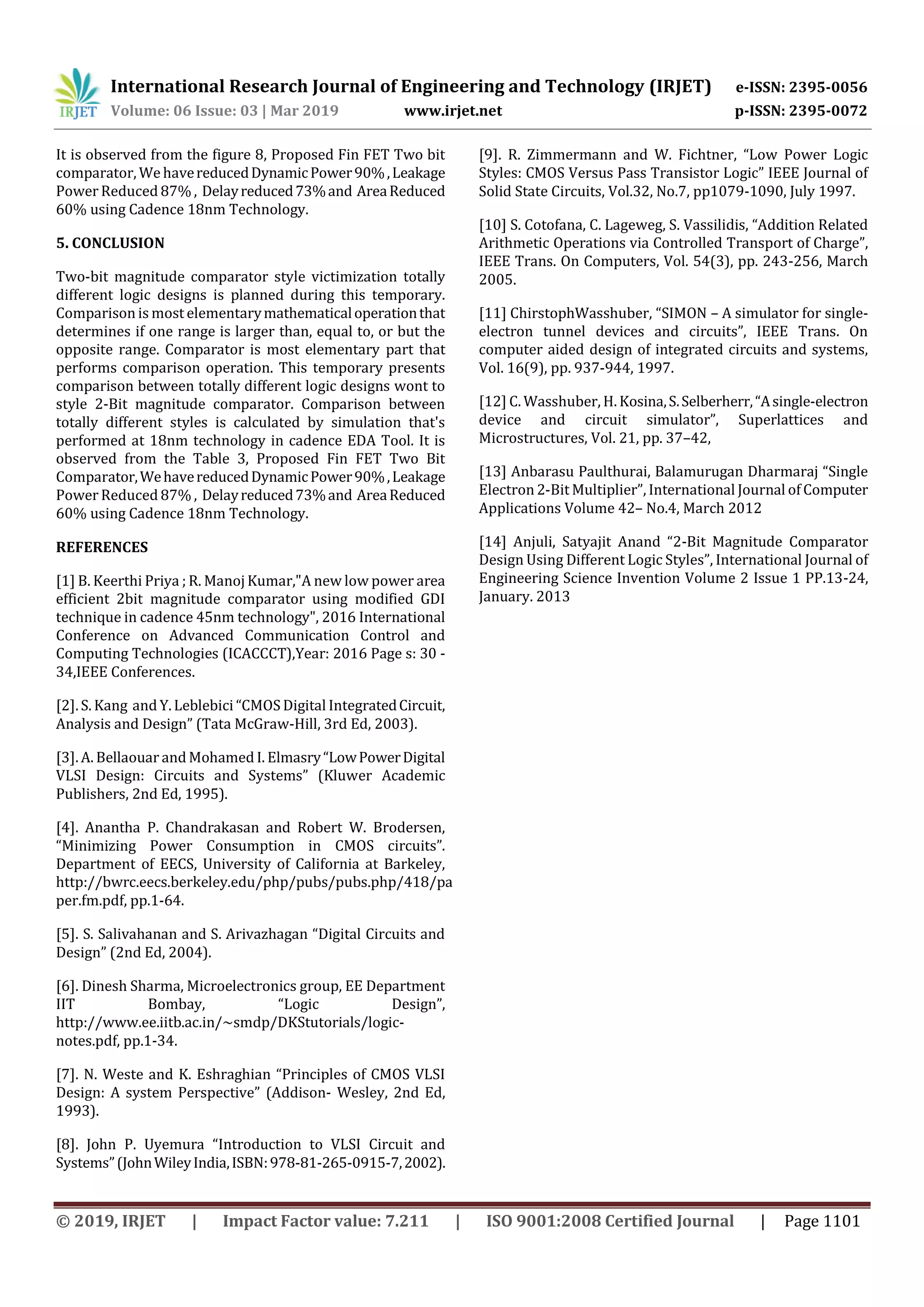 International Research Journal of Engineering and Technology (IRJET) e-ISSN: 2395-0056
Volume: 06 Issue: 03 | Mar 2019 www.irjet.net p-ISSN: 2395-0072
© 2019, IRJET | Impact Factor value: 7.211 | ISO 9001:2008 Certified Journal | Page 1101
It is observed from the figure 8, Proposed Fin FET Two bit
comparator, We havereducedDynamicPower90%,Leakage
Power Reduced 87% , Delayreduced73%and AreaReduced
60% using Cadence 18nm Technology.
5. CONCLUSION
Two-bit magnitude comparator style victimization totally
different logic designs is planned during this temporary.
Comparison is most elementarymathematicaloperationthat
determines if one range is larger than, equal to, or but the
opposite range. Comparator is most elementary part that
performs comparison operation. This temporary presents
comparison between totally different logic designs wont to
style 2-Bit magnitude comparator. Comparison between
totally different styles is calculated by simulation that's
performed at 18nm technology in cadence EDA Tool. It is
observed from the Table 3, Proposed Fin FET Two Bit
Comparator,WehavereducedDynamicPower90%,Leakage
Power Reduced 87% , Delayreduced73%and AreaReduced
60% using Cadence 18nm Technology.
REFERENCES
[1] B. Keerthi Priya ; R. Manoj Kumar,"A new low power area
efficient 2bit magnitude comparator using modified GDI
technique in cadence 45nm technology", 2016 International
Conference on Advanced Communication Control and
Computing Technologies (ICACCCT),Year: 2016 Page s: 30 -
34,IEEE Conferences.
[2]. S. Kang and Y. Leblebici “CMOS Digital IntegratedCircuit,
Analysis and Design” (Tata McGraw-Hill, 3rd Ed, 2003).
[3]. A. Bellaouar and Mohamed I. Elmasry“LowPowerDigital
VLSI Design: Circuits and Systems” (Kluwer Academic
Publishers, 2nd Ed, 1995).
[4]. Anantha P. Chandrakasan and Robert W. Brodersen,
“Minimizing Power Consumption in CMOS circuits”.
Department of EECS, University of California at Barkeley,
http://bwrc.eecs.berkeley.edu/php/pubs/pubs.php/418/pa
per.fm.pdf, pp.1-64.
[5]. S. Salivahanan and S. Arivazhagan “Digital Circuits and
Design” (2nd Ed, 2004).
[6]. Dinesh Sharma, Microelectronics group, EE Department
IIT Bombay, “Logic Design”,
http://www.ee.iitb.ac.in/~smdp/DKStutorials/logic-
notes.pdf, pp.1-34.
[7]. N. Weste and K. Eshraghian “Principles of CMOS VLSI
Design: A system Perspective” (Addison- Wesley, 2nd Ed,
1993).
[8]. John P. Uyemura “Introduction to VLSI Circuit and
Systems”(JohnWileyIndia,ISBN:978-81-265-0915-7,2002).
[9]. R. Zimmermann and W. Fichtner, “Low Power Logic
Styles: CMOS Versus Pass Transistor Logic” IEEE Journal of
Solid State Circuits, Vol.32, No.7, pp1079-1090, July 1997.
[10] S. Cotofana, C. Lageweg, S. Vassilidis, “Addition Related
Arithmetic Operations via Controlled Transport of Charge”,
IEEE Trans. On Computers, Vol. 54(3), pp. 243-256, March
2005.
[11] ChirstophWasshuber, “SIMON – A simulator for single-
electron tunnel devices and circuits”, IEEE Trans. On
computer aided design of integrated circuits and systems,
Vol. 16(9), pp. 937-944, 1997.
[12] C. Wasshuber, H. Kosina,S.Selberherr,“Asingle-electron
device and circuit simulator”, Superlattices and
Microstructures, Vol. 21, pp. 37–42,
[13] Anbarasu Paulthurai, Balamurugan Dharmaraj “Single
Electron 2-Bit Multiplier”, International Journal of Computer
Applications Volume 42– No.4, March 2012
[14] Anjuli, Satyajit Anand “2-Bit Magnitude Comparator
Design Using Different Logic Styles”, International Journal of
Engineering Science Invention Volume 2 Issue 1 PP.13-24,
January. 2013
 