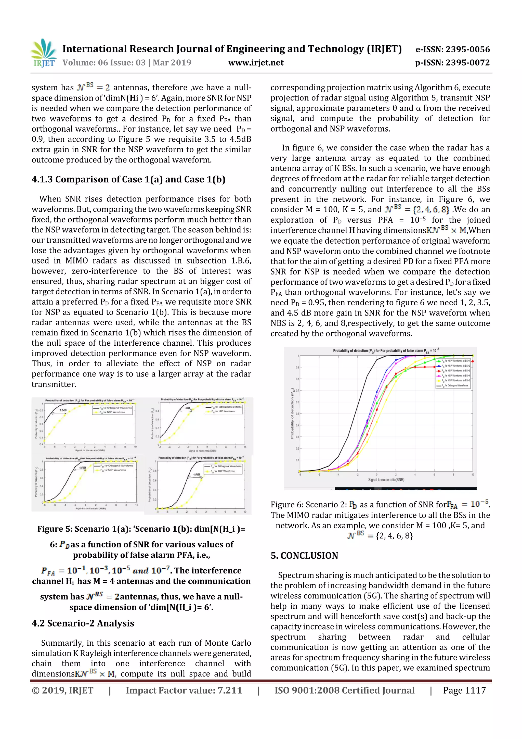 International Research Journal of Engineering and Technology (IRJET) e-ISSN: 2395-0056
Volume: 06 Issue: 03 | Mar 2019 www.irjet.net p-ISSN: 2395-0072
© 2019, IRJET | Impact Factor value: 7.211 | ISO 9001:2008 Certified Journal | Page 1117
system has antennas, therefore ,we have a null-
space dimension of ‘dimN(Hi ) = 6’. Again, more SNR for NSP
is needed when we compare the detection performance of
two waveforms to get a desired PD for a fixed PFA than
orthogonal waveforms.. For instance, let say we need PD =
0.9, then according to Figure 5 we requisite 3.5 to 4.5dB
extra gain in SNR for the NSP waveform to get the similar
outcome produced by the orthogonal waveform.
4.1.3 Comparison of Case 1(a) and Case 1(b)
When SNR rises detection performance rises for both
waveforms. But, comparing the two waveformskeepingSNR
fixed, the orthogonal waveforms perform much better than
the NSP waveform in detecting target. The season behind is:
our transmitted waveforms arenolongerorthogonal andwe
lose the advantages given by orthogonal waveforms when
used in MIMO radars as discussed in subsection 1.B.6,
however, zero-interference to the BS of interest was
ensured, thus, sharing radar spectrum at an bigger cost of
target detection in terms of SNR. In Scenario 1(a),inorder to
attain a preferred PD for a fixed PFA we requisite more SNR
for NSP as equated to Scenario 1(b). This is because more
radar antennas were used, while the antennas at the BS
remain fixed in Scenario 1(b) which rises the dimension of
the null space of the interference channel. This produces
improved detection performance even for NSP waveform.
Thus, in order to alleviate the effect of NSP on radar
performance one way is to use a larger array at the radar
transmitter.
Figure 5: Scenario 1(a): ‘Scenario 1(b): dim[N(H_i )=
6: as a function of SNR for various values of
probability of false alarm PFA, i.e.,
. The interference
channel Hi has M = 4 antennas and the communication
system has antennas, thus, we have a null-
space dimension of ‘dim[N(H_i )= 6’.
4.2 Scenario-2 Analysis
Summarily, in this scenario at each run of Monte Carlo
simulation K Rayleighinterferencechannelsweregenerated,
chain them into one interference channel with
dimensions , compute its null space and build
corresponding projection matrix using Algorithm 6, execute
projection of radar signal using Algorithm 5, transmit NSP
signal, approximate parameters θ and α from the received
signal, and compute the probability of detection for
orthogonal and NSP waveforms.
In figure 6, we consider the case when the radar has a
very large antenna array as equated to the combined
antenna array of K BSs. In such a scenario, we have enough
degrees of freedom at the radar for reliable target detection
and concurrently nulling out interference to all the BSs
present in the network. For instance, in Figure 6, we
consider M = 100, K = 5, and .We do an
exploration of PD versus PFA = 10−5 for the joined
interference channel H having dimensions ,When
we equate the detection performance of original waveform
and NSP waveform onto the combined channel we footnote
that for the aim of getting a desired PD for a fixed PFA more
SNR for NSP is needed when we compare the detection
performance of two waveforms to get a desired PD fora fixed
PFA than orthogonal waveforms. For instance, let’s say we
need PD = 0.95, then rendering to figure 6 we need 1, 2, 3.5,
and 4.5 dB more gain in SNR for the NSP waveform when
NBS is 2, 4, 6, and 8,respectively, to get the same outcome
created by the orthogonal waveforms.
Figure 6: Scenario 2: as a function of SNR for .
The MIMO radar mitigates interference to all the BSs in the
network. As an example, we consider M = 100 ,K= 5, and
{2, 4, 6, 8}
5. CONCLUSION
Spectrum sharing is much anticipated to be the solution to
the problem of increasing bandwidth demand in the future
wireless communication (5G). The sharing of spectrum will
help in many ways to make efficient use of the licensed
spectrum and will henceforth save cost(s) and back-up the
capacity increase in wireless communications.However,the
spectrum sharing between radar and cellular
communication is now getting an attention as one of the
areas for spectrum frequency sharing in the future wireless
communication (5G). In this paper, we examined spectrum
 