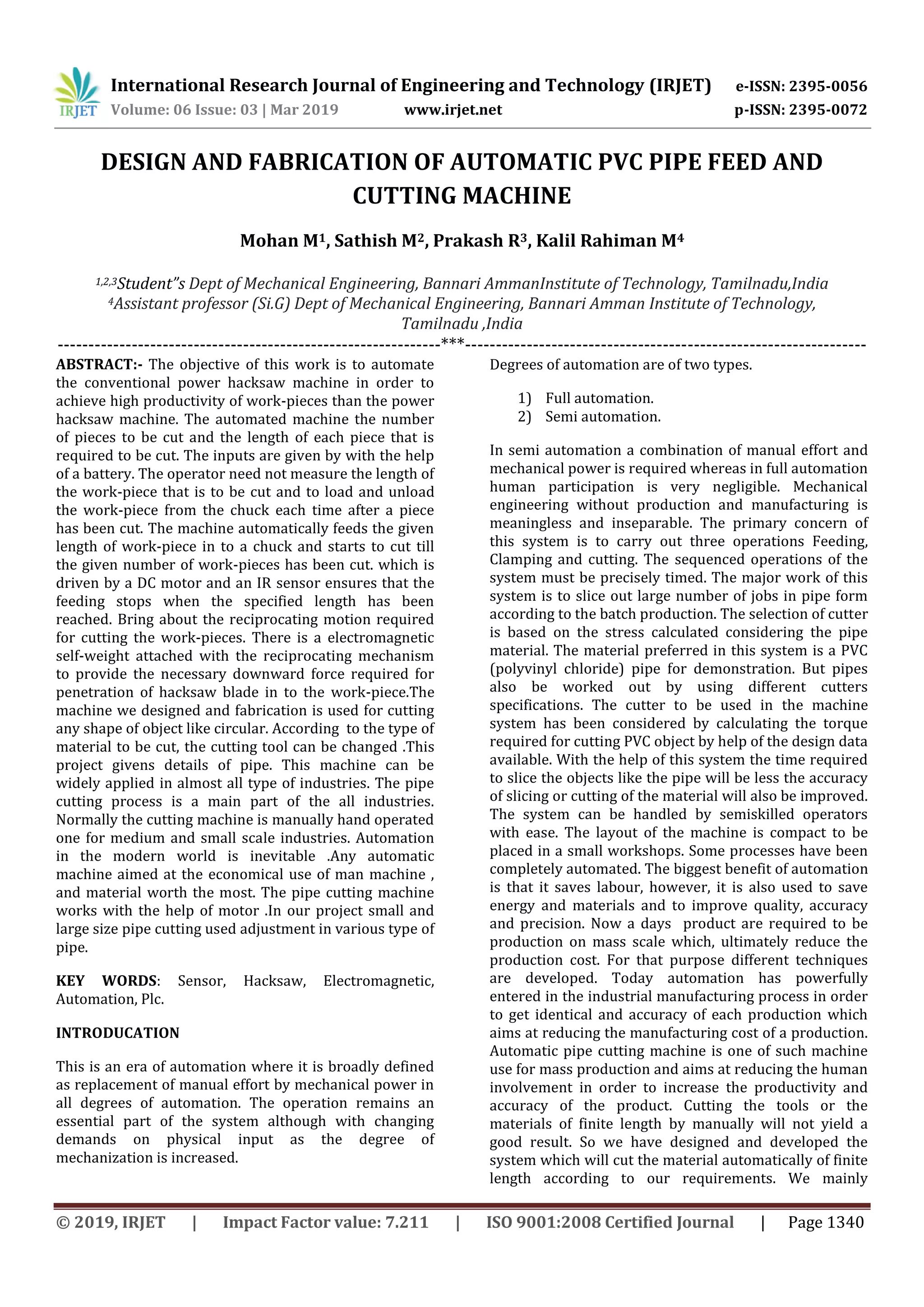 IRJET- Design and Fabrication of Automatic PVC Pipe Feed and Cutting ...