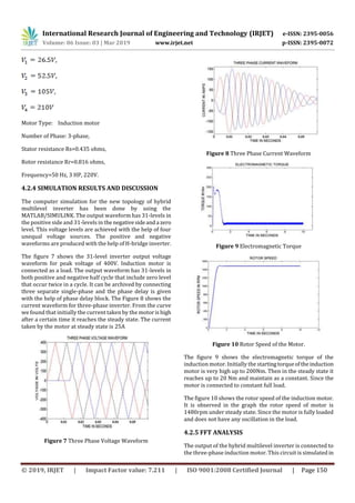 International Research Journal of Engineering and Technology (IRJET) e-ISSN: 2395-0056
Volume: 06 Issue: 03 | Mar 2019 www.irjet.net p-ISSN: 2395-0072
© 2019, IRJET | Impact Factor value: 7.211 | ISO 9001:2008 Certified Journal | Page 150
Motor Type: Induction motor
Number of Phase: 3-phase,
Stator resistance Rs=0.435 ohms,
Rotor resistance Rr=0.816 ohms,
Frequency=50 Hz, 3 HP, 220V.
4.2.4 SIMULATION RESULTS AND DISCUSSION
The computer simulation for the new topology of hybrid
multilevel inverter has been done by using the
MATLAB/SIMULINK. The output waveform has 31-levels in
the positive side and 31-levels in thenegativesideanda zero
level. This voltage levels are achieved with the help of four
unequal voltage sources. The positive and negative
waveforms are produced with the help of H-bridge inverter.
The figure 7 shows the 31-level inverter output voltage
waveform for peak voltage of 400V. Induction motor is
connected as a load. The output waveform has 31-levels in
both positive and negative half cycle that include zero level
that occur twice in a cycle. It can be archived by connecting
three separate single-phase and the phase delay is given
with the help of phase delay block. The Figure 8 shows the
current waveform for three-phase inverter. From the curve
we found that initially the current taken by the motorishigh
after a certain time it reaches the steady state. The current
taken by the motor at steady state is 25A
Figure 7 Three Phase Voltage Waveform
Figure 8 Three Phase Current Waveform
Figure 9 Electromagnetic Torque
Figure 10 Rotor Speed of the Motor.
The figure 9 shows the electromagnetic torque of the
induction motor. Initially the startingtorqueoftheinduction
motor is very high up to 200Nm. Then in the steady state it
reaches up to 20 Nm and maintain as a constant. Since the
motor is connected to constant full load.
The figure 10 shows the rotor speed of the induction motor.
It is observed in the graph the rotor speed of motor is
1480rpm under steady state. Since the motor is fully loaded
and does not have any oscillation in the load.
4.2.5 FFT ANALYSIS
The output of the hybrid multilevel inverter is connected to
the three-phase induction motor. This circuit is simulated in
 