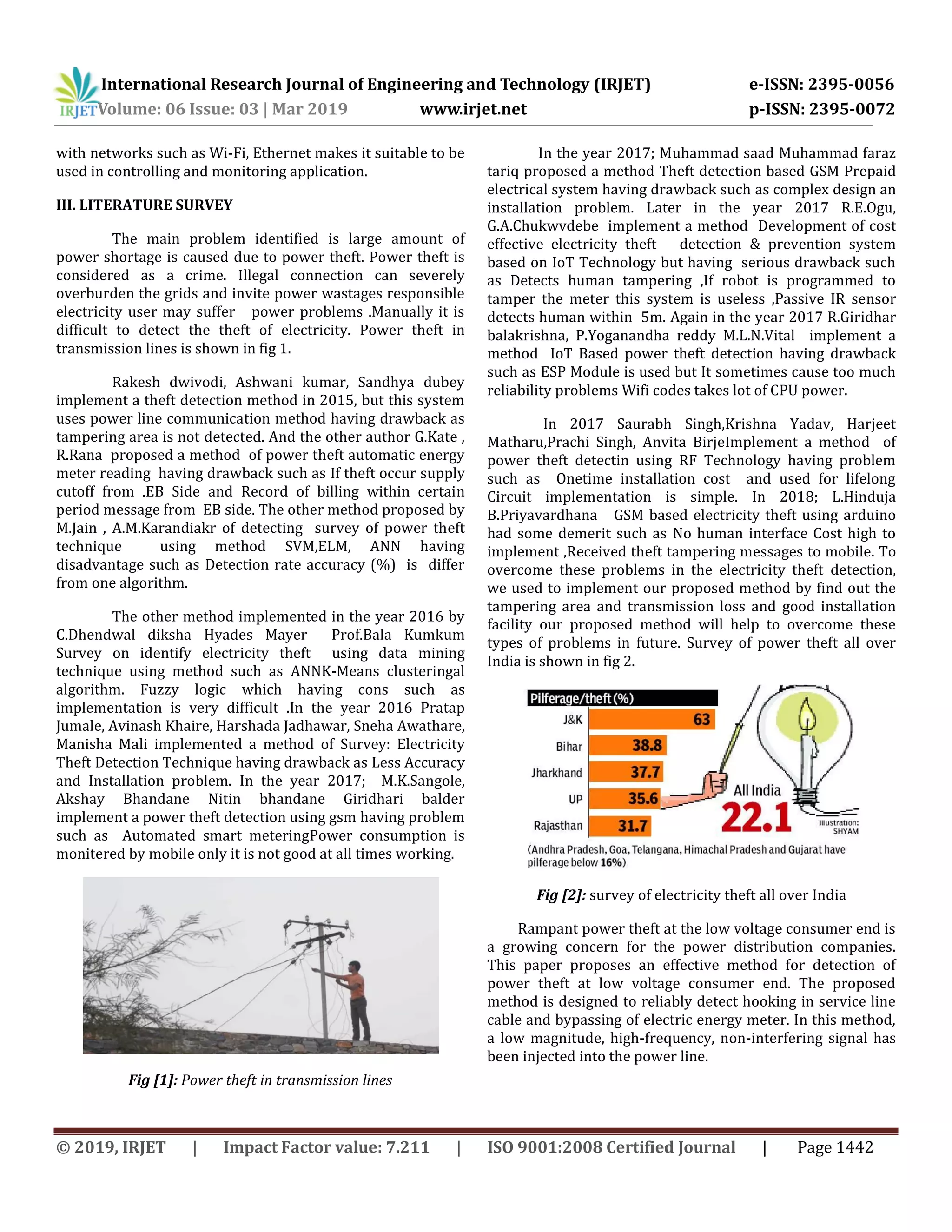 International Research Journal of Engineering and Technology (IRJET) e-ISSN: 2395-0056
Volume: 06 Issue: 03 | Mar 2019 www.irjet.net p-ISSN: 2395-0072
© 2019, IRJET | Impact Factor value: 7.211 | ISO 9001:2008 Certified Journal | Page 1442
with networks such as Wi-Fi, Ethernet makes it suitable to be
used in controlling and monitoring application.
III. LITERATURE SURVEY
The main problem identified is large amount of
power shortage is caused due to power theft. Power theft is
considered as a crime. Illegal connection can severely
overburden the grids and invite power wastages responsible
electricity user may suffer power problems .Manually it is
difficult to detect the theft of electricity. Power theft in
transmission lines is shown in fig 1.
Rakesh dwivodi, Ashwani kumar, Sandhya dubey
implement a theft detection method in 2015, but this system
uses power line communication method having drawback as
tampering area is not detected. And the other author G.Kate ,
R.Rana proposed a method of power theft automatic energy
meter reading having drawback such as If theft occur supply
cutoff from .EB Side and Record of billing within certain
period message from EB side. The other method proposed by
M.Jain , A.M.Karandiakr of detecting survey of power theft
technique using method SVM,ELM, ANN having
disadvantage such as Detection rate accuracy (%) is differ
from one algorithm.
The other method implemented in the year 2016 by
C.Dhendwal diksha Hyades Mayer Prof.Bala Kumkum
Survey on identify electricity theft using data mining
technique using method such as ANNK-Means clusteringal
algorithm. Fuzzy logic which having cons such as
implementation is very difficult .In the year 2016 Pratap
Jumale, Avinash Khaire, Harshada Jadhawar, Sneha Awathare,
Manisha Mali implemented a method of Survey: Electricity
Theft Detection Technique having drawback as Less Accuracy
and Installation problem. In the year 2017; M.K.Sangole,
Akshay Bhandane Nitin bhandane Giridhari balder
implement a power theft detection using gsm having problem
such as Automated smart meteringPower consumption is
monitered by mobile only it is not good at all times working.
Fig [1]: Power theft in transmission lines
In the year 2017; Muhammad saad Muhammad faraz
tariq proposed a method Theft detection based GSM Prepaid
electrical system having drawback such as complex design an
installation problem. Later in the year 2017 R.E.Ogu,
G.A.Chukwvdebe implement a method Development of cost
effective electricity theft detection & prevention system
based on IoT Technology but having serious drawback such
as Detects human tampering ,If robot is programmed to
tamper the meter this system is useless ,Passive IR sensor
detects human within 5m. Again in the year 2017 R.Giridhar
balakrishna, P.Yoganandha reddy M.L.N.Vital implement a
method IoT Based power theft detection having drawback
such as ESP Module is used but It sometimes cause too much
reliability problems Wifi codes takes lot of CPU power.
In 2017 Saurabh Singh,Krishna Yadav, Harjeet
Matharu,Prachi Singh, Anvita BirjeImplement a method of
power theft detectin using RF Technology having problem
such as Onetime installation cost and used for lifelong
Circuit implementation is simple. In 2018; L.Hinduja
B.Priyavardhana GSM based electricity theft using arduino
had some demerit such as No human interface Cost high to
implement ,Received theft tampering messages to mobile. To
overcome these problems in the electricity theft detection,
we used to implement our proposed method by find out the
tampering area and transmission loss and good installation
facility our proposed method will help to overcome these
types of problems in future. Survey of power theft all over
India is shown in fig 2.
Fig [2]: survey of electricity theft all over India
Rampant power theft at the low voltage consumer end is
a growing concern for the power distribution companies.
This paper proposes an effective method for detection of
power theft at low voltage consumer end. The proposed
method is designed to reliably detect hooking in service line
cable and bypassing of electric energy meter. In this method,
a low magnitude, high-frequency, non-interfering signal has
been injected into the power line.
 