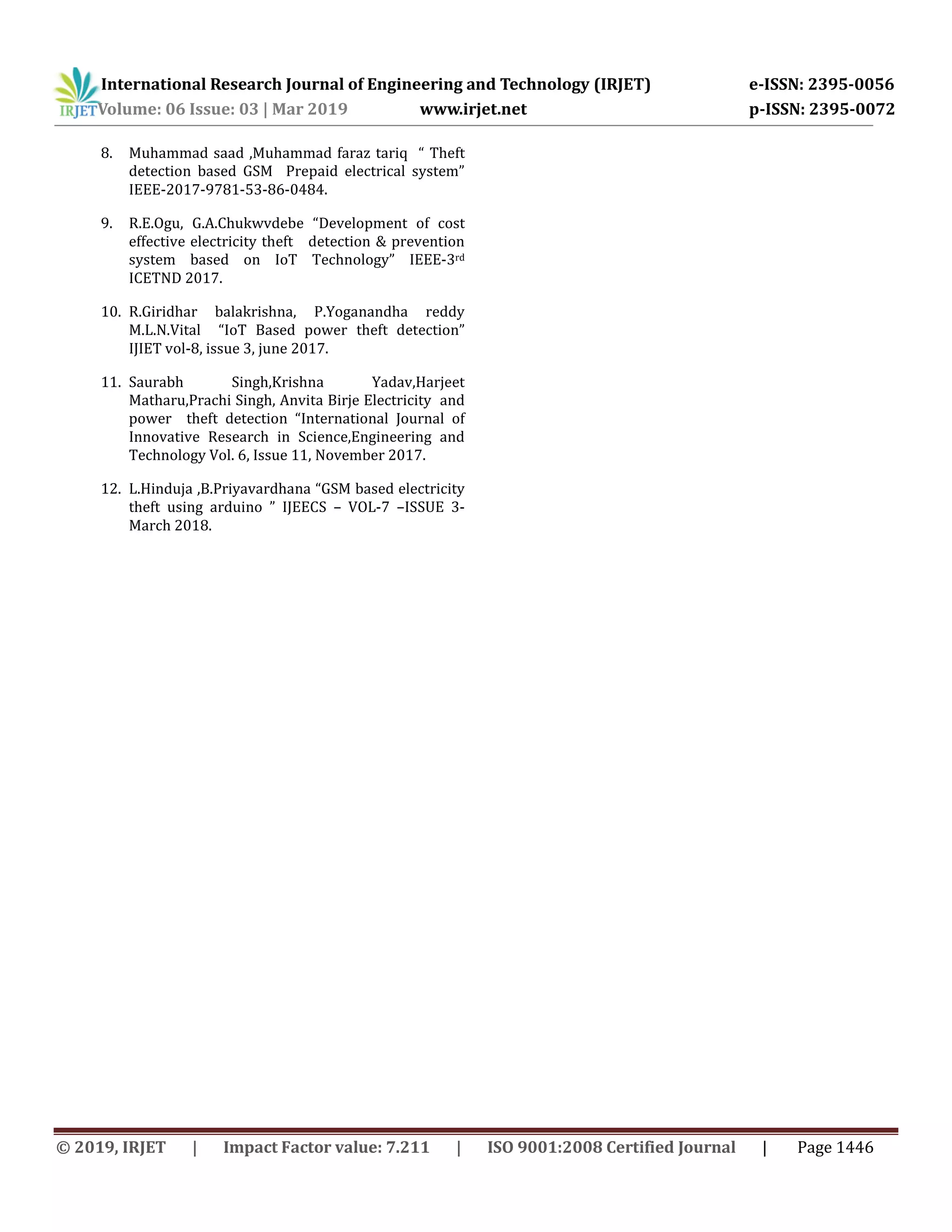 International Research Journal of Engineering and Technology (IRJET) e-ISSN: 2395-0056
Volume: 06 Issue: 03 | Mar 2019 www.irjet.net p-ISSN: 2395-0072
© 2019, IRJET | Impact Factor value: 7.211 | ISO 9001:2008 Certified Journal | Page 1446
8. Muhammad saad ,Muhammad faraz tariq “ Theft
detection based GSM Prepaid electrical system”
IEEE-2017-9781-53-86-0484.
9. R.E.Ogu, G.A.Chukwvdebe “Development of cost
effective electricity theft detection & prevention
system based on IoT Technology” IEEE-3rd
ICETND 2017.
10. R.Giridhar balakrishna, P.Yoganandha reddy
M.L.N.Vital “IoT Based power theft detection”
IJIET vol-8, issue 3, june 2017.
11. Saurabh Singh,Krishna Yadav,Harjeet
Matharu,Prachi Singh, Anvita Birje Electricity and
power theft detection “International Journal of
Innovative Research in Science,Engineering and
Technology Vol. 6, Issue 11, November 2017.
12. L.Hinduja ,B.Priyavardhana “GSM based electricity
theft using arduino ” IJEECS – VOL-7 –ISSUE 3-
March 2018.
 