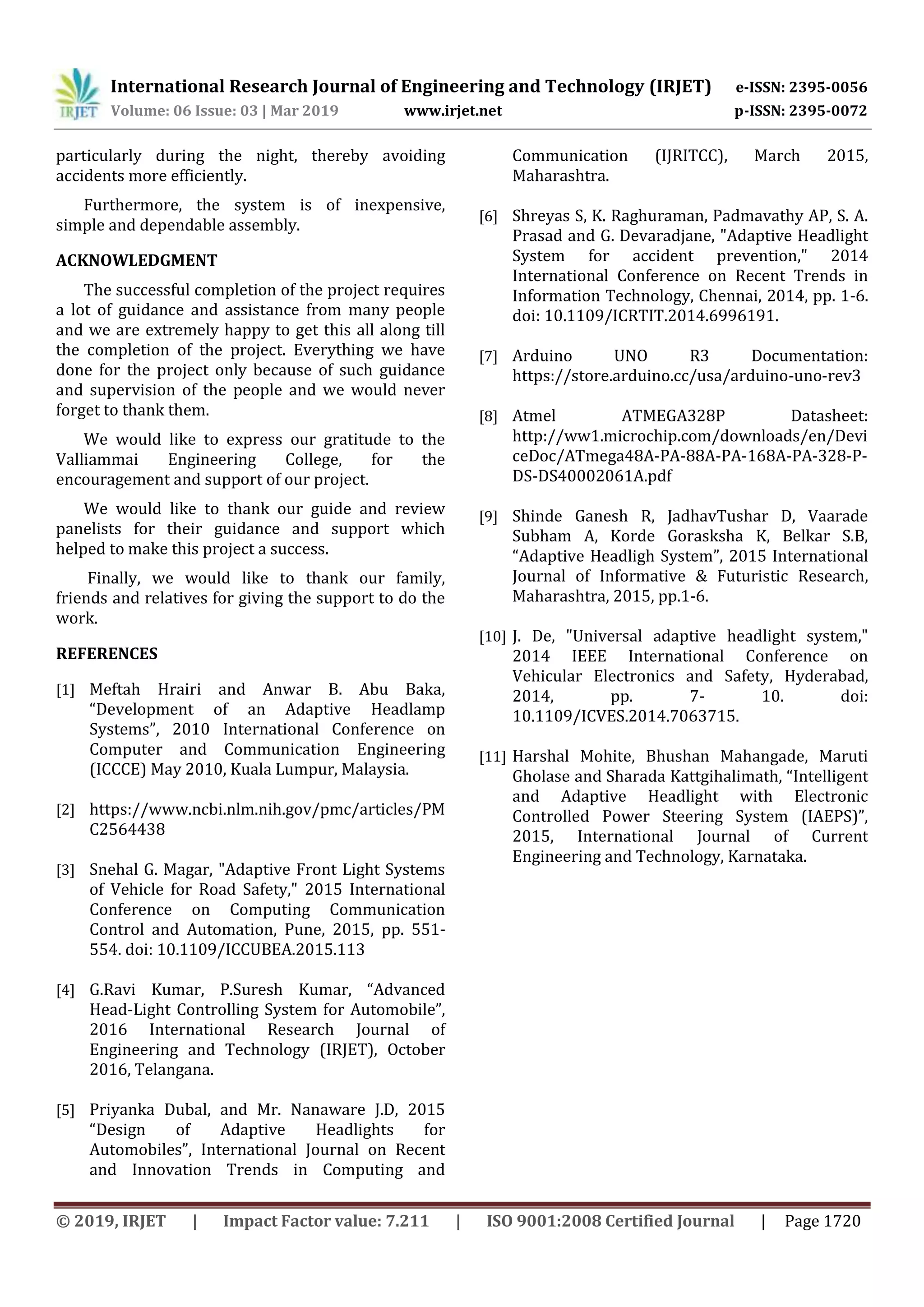 IRJET- Adaptive Headlights System for Vehicle using Arduino | PDF