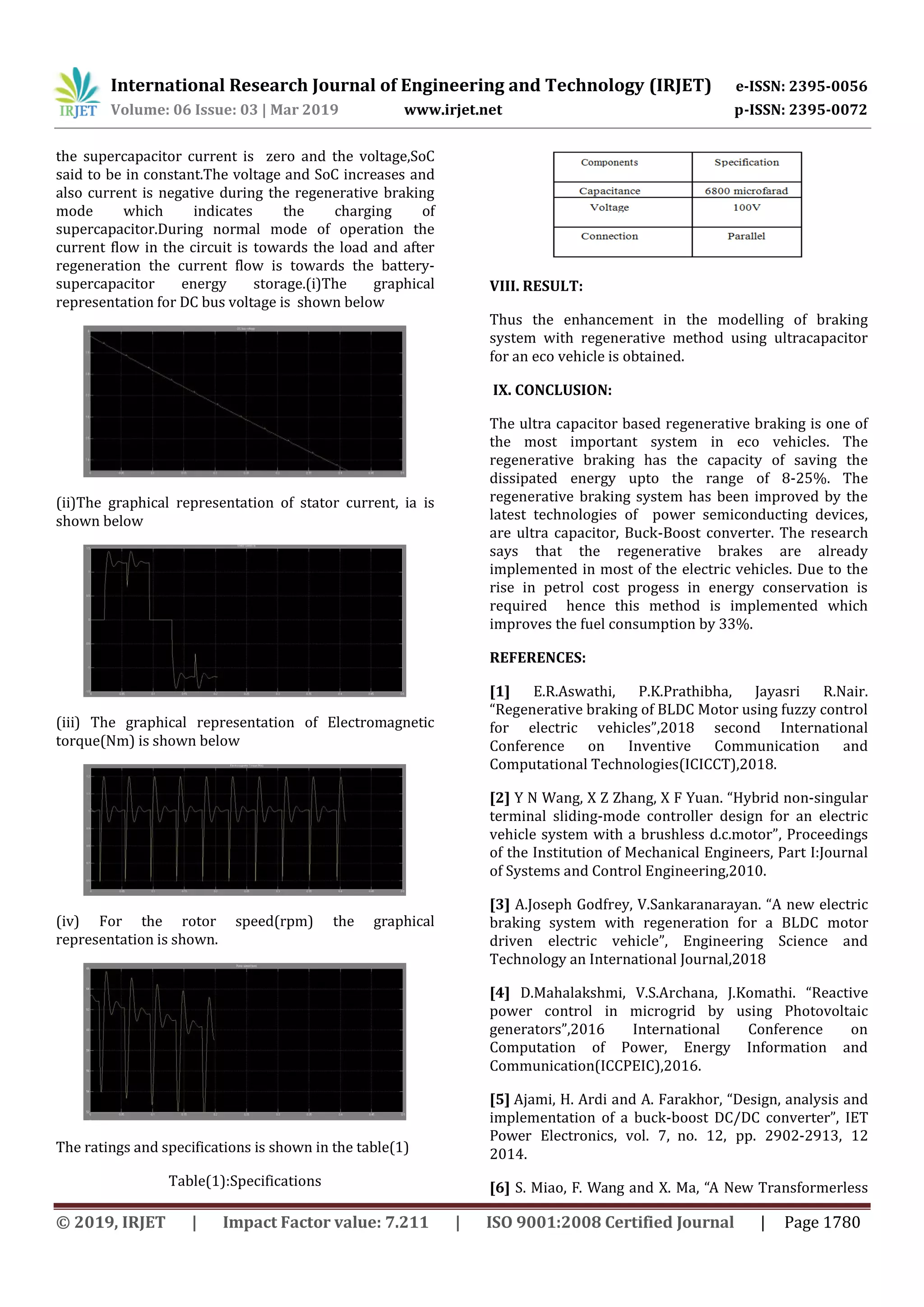 International Research Journal of Engineering and Technology (IRJET) e-ISSN: 2395-0056
Volume: 06 Issue: 03 | Mar 2019 www.irjet.net p-ISSN: 2395-0072
© 2019, IRJET | Impact Factor value: 7.211 | ISO 9001:2008 Certified Journal | Page 1780
the supercapacitor current is zero and the voltage,SoC
said to be in constant.The voltage and SoC increases and
also current is negative during the regenerative braking
mode which indicates the charging of
supercapacitor.During normal mode of operation the
current flow in the circuit is towards the load and after
regeneration the current flow is towards the battery-
supercapacitor energy storage.(i)The graphical
representation for DC bus voltage is shown below
(ii)The graphical representation of stator current, ia is
shown below
(iii) The graphical representation of Electromagnetic
torque(Nm) is shown below
(iv) For the rotor speed(rpm) the graphical
representation is shown.
The ratings and specifications is shown in the table(1)
Table(1):Specifications
VIII. RESULT:
Thus the enhancement in the modelling of braking
system with regenerative method using ultracapacitor
for an eco vehicle is obtained.
IX. CONCLUSION:
The ultra capacitor based regenerative braking is one of
the most important system in eco vehicles. The
regenerative braking has the capacity of saving the
dissipated energy upto the range of 8-25%. The
regenerative braking system has been improved by the
latest technologies of power semiconducting devices,
are ultra capacitor, Buck-Boost converter. The research
says that the regenerative brakes are already
implemented in most of the electric vehicles. Due to the
rise in petrol cost progess in energy conservation is
required hence this method is implemented which
improves the fuel consumption by 33%.
REFERENCES:
[1] E.R.Aswathi, P.K.Prathibha, Jayasri R.Nair.
“Regenerative braking of BLDC Motor using fuzzy control
for electric vehicles”,2018 second International
Conference on Inventive Communication and
Computational Technologies(ICICCT),2018.
[2] Y N Wang, X Z Zhang, X F Yuan. “Hybrid non-singular
terminal sliding-mode controller design for an electric
vehicle system with a brushless d.c.motor”, Proceedings
of the Institution of Mechanical Engineers, Part I:Journal
of Systems and Control Engineering,2010.
[3] A.Joseph Godfrey, V.Sankaranarayan. “A new electric
braking system with regeneration for a BLDC motor
driven electric vehicle”, Engineering Science and
Technology an International Journal,2018
[4] D.Mahalakshmi, V.S.Archana, J.Komathi. “Reactive
power control in microgrid by using Photovoltaic
generators”,2016 International Conference on
Computation of Power, Energy Information and
Communication(ICCPEIC),2016.
[5] Ajami, H. Ardi and A. Farakhor, “Design, analysis and
implementation of a buck-boost DC/DC converter”, IET
Power Electronics, vol. 7, no. 12, pp. 2902-2913, 12
2014.
[6] S. Miao, F. Wang and X. Ma, “A New Transformerless
 