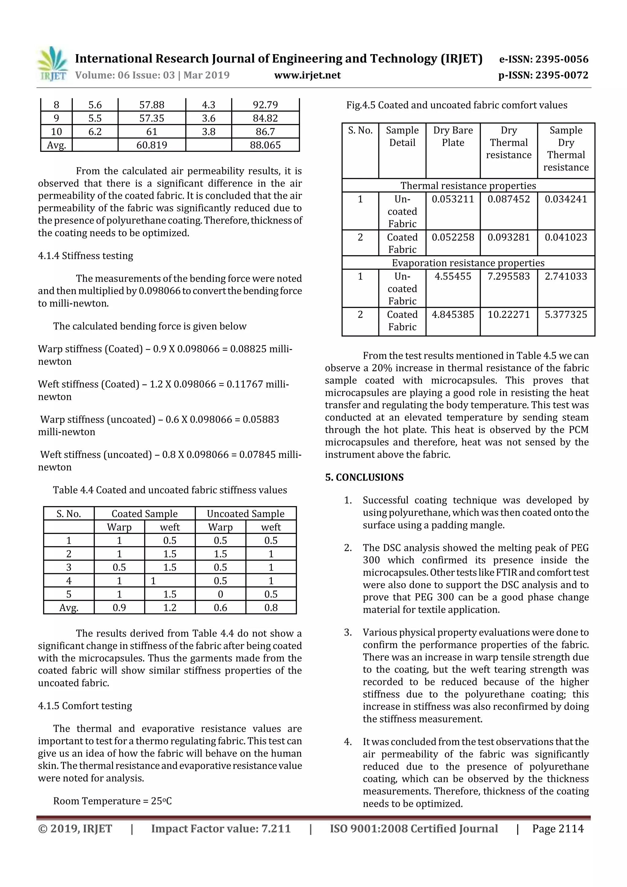 International Research Journal of Engineering and Technology (IRJET) e-ISSN: 2395-0056
Volume: 06 Issue: 03 | Mar 2019 www.irjet.net p-ISSN: 2395-0072
© 2019, IRJET | Impact Factor value: 7.211 | ISO 9001:2008 Certified Journal | Page 2114
8 5.6 57.88 4.3 92.79
9 5.5 57.35 3.6 84.82
10 6.2 61 3.8 86.7
Avg. 60.819 88.065
From the calculated air permeability results, it is
observed that there is a significant difference in the air
permeability of the coated fabric. It is concluded that the air
permeability of the fabric was significantly reduced due to
the presence of polyurethanecoating.Therefore,thicknessof
the coating needs to be optimized.
4.1.4 Stiffness testing
The measurements of the bending force were noted
and then multiplied by 0.098066toconvertthebendingforce
to milli-newton.
The calculated bending force is given below
Warp stiffness (Coated) – 0.9 X 0.098066 = 0.08825 milli-
newton
Weft stiffness (Coated) – 1.2 X 0.098066 = 0.11767 milli-
newton
Warp stiffness (uncoated) – 0.6 X 0.098066 = 0.05883
milli-newton
Weft stiffness (uncoated) – 0.8 X 0.098066 = 0.07845 milli-
newton
Table 4.4 Coated and uncoated fabric stiffness values
S. No. Coated Sample Uncoated Sample
Warp weft Warp weft
1 1 0.5 0.5 0.5
2 1 1.5 1.5 1
3 0.5 1.5 0.5 1
4 1 1 0.5 1
5 1 1.5 0 0.5
Avg. 0.9 1.2 0.6 0.8
The results derived from Table 4.4 do not show a
significant change in stiffness of the fabric after being coated
with the microcapsules. Thus the garments made from the
coated fabric will show similar stiffness properties of the
uncoated fabric.
4.1.5 Comfort testing
The thermal and evaporative resistance values are
important to test fora thermo regulating fabric. This test can
give us an idea of how the fabric will behave on the human
skin. The thermalresistanceandevaporativeresistancevalue
were noted for analysis.
Room Temperature = 25oC
Fig.4.5 Coated and uncoated fabric comfort values
From the test results mentioned in Table 4.5 we can
observe a 20% increase in thermal resistance of the fabric
sample coated with microcapsules. This proves that
microcapsules are playing a good role in resisting the heat
transfer and regulating the body temperature. This test was
conducted at an elevated temperature by sending steam
through the hot plate. This heat is observed by the PCM
microcapsules and therefore, heat was not sensed by the
instrument above the fabric.
5. CONCLUSIONS
1. Successful coating technique was developed by
using polyurethane, which was then coated ontothe
surface using a padding mangle.
2. The DSC analysis showed the melting peak of PEG
300 which confirmed its presence inside the
microcapsules.OthertestslikeFTIRandcomforttest
were also done to support the DSC analysis and to
prove that PEG 300 can be a good phase change
material for textile application.
3. Various physical property evaluations were done to
confirm the performance properties of the fabric.
There was an increase in warp tensile strength due
to the coating, but the weft tearing strength was
recorded to be reduced because of the higher
stiffness due to the polyurethane coating; this
increase in stiffness was also reconfirmed by doing
the stiffness measurement.
4. It wasconcluded from the test observations that the
air permeability of the fabric was significantly
reduced due to the presence of polyurethane
coating, which can be observed by the thickness
measurements. Therefore, thickness of the coating
needs to be optimized.
S. No. Sample
Detail
Dry Bare
Plate
Dry
Thermal
resistance
Sample
Dry
Thermal
resistance
Thermal resistance properties
1 Un-
coated
Fabric
0.053211 0.087452 0.034241
2 Coated
Fabric
0.052258 0.093281 0.041023
Evaporation resistance properties
1 Un-
coated
Fabric
4.55455 7.295583 2.741033
2 Coated
Fabric
4.845385 10.22271 5.377325
 