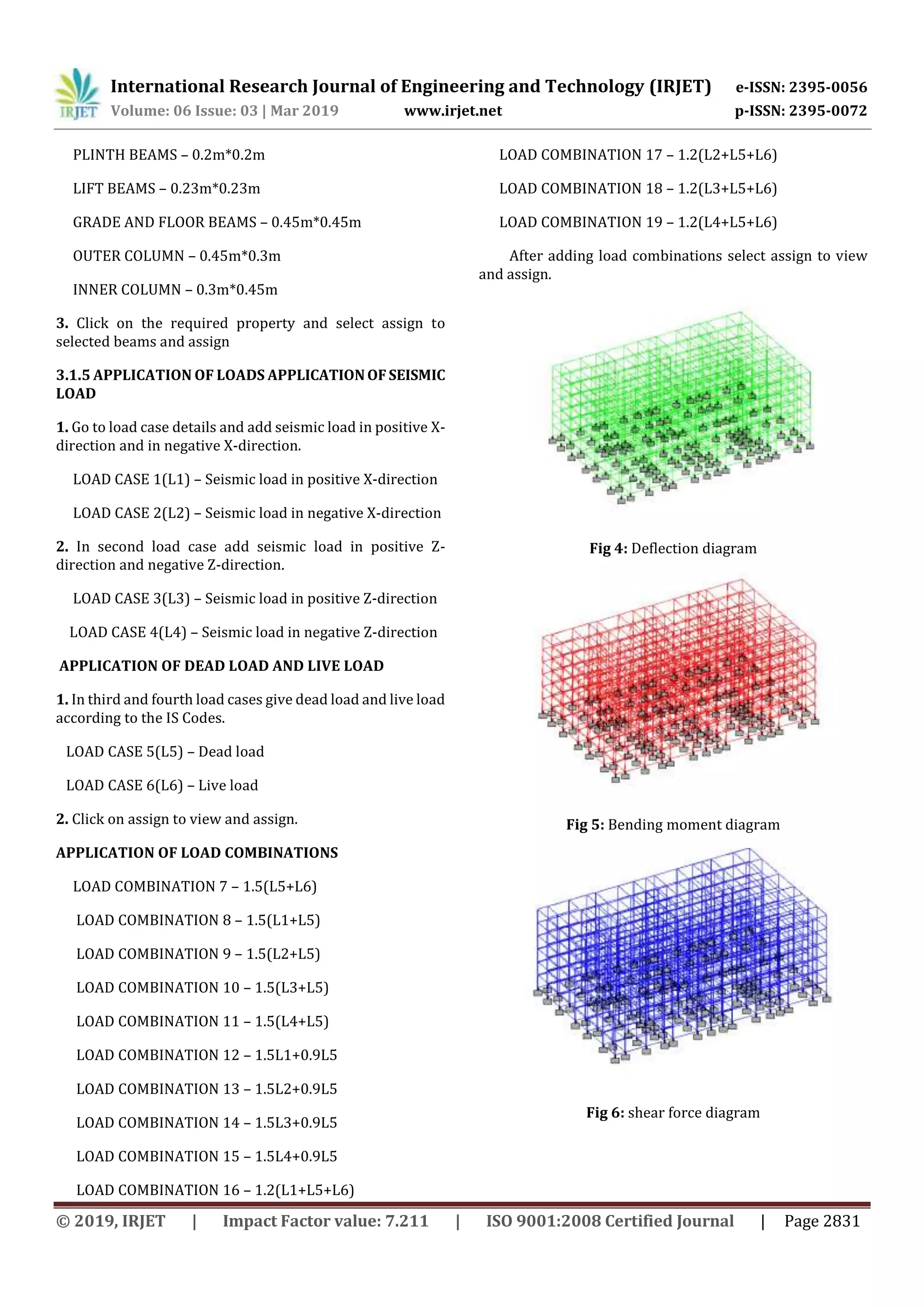 International Research Journal of Engineering and Technology (IRJET) e-ISSN: 2395-0056
Volume: 06 Issue: 03 | Mar 2019 www.irjet.net p-ISSN: 2395-0072
© 2019, IRJET | Impact Factor value: 7.211 | ISO 9001:2008 Certified Journal | Page 2831
PLINTH BEAMS – 0.2m*0.2m
LIFT BEAMS – 0.23m*0.23m
GRADE AND FLOOR BEAMS – 0.45m*0.45m
OUTER COLUMN – 0.45m*0.3m
INNER COLUMN – 0.3m*0.45m
3. Click on the required property and select assign to
selected beams and assign
3.1.5 APPLICATION OF LOADS APPLICATIONOFSEISMIC
LOAD
1. Go to load case details and add seismic load in positive X-
direction and in negative X-direction.
LOAD CASE 1(L1) – Seismic load in positive X-direction
LOAD CASE 2(L2) – Seismic load in negative X-direction
2. In second load case add seismic load in positive Z-
direction and negative Z-direction.
LOAD CASE 3(L3) – Seismic load in positive Z-direction
LOAD CASE 4(L4) – Seismic load in negative Z-direction
APPLICATION OF DEAD LOAD AND LIVE LOAD
1. In third and fourth load cases give dead load and live load
according to the IS Codes.
LOAD CASE 5(L5) – Dead load
LOAD CASE 6(L6) – Live load
2. Click on assign to view and assign.
APPLICATION OF LOAD COMBINATIONS
LOAD COMBINATION 7 – 1.5(L5+L6)
LOAD COMBINATION 8 – 1.5(L1+L5)
LOAD COMBINATION 9 – 1.5(L2+L5)
LOAD COMBINATION 10 – 1.5(L3+L5)
LOAD COMBINATION 11 – 1.5(L4+L5)
LOAD COMBINATION 12 – 1.5L1+0.9L5
LOAD COMBINATION 13 – 1.5L2+0.9L5
LOAD COMBINATION 14 – 1.5L3+0.9L5
LOAD COMBINATION 15 – 1.5L4+0.9L5
LOAD COMBINATION 16 – 1.2(L1+L5+L6)
LOAD COMBINATION 17 – 1.2(L2+L5+L6)
LOAD COMBINATION 18 – 1.2(L3+L5+L6)
LOAD COMBINATION 19 – 1.2(L4+L5+L6)
After adding load combinations select assign to view
and assign.
Fig 4: Deflection diagram
Fig 5: Bending moment diagram
Fig 6: shear force diagram
 