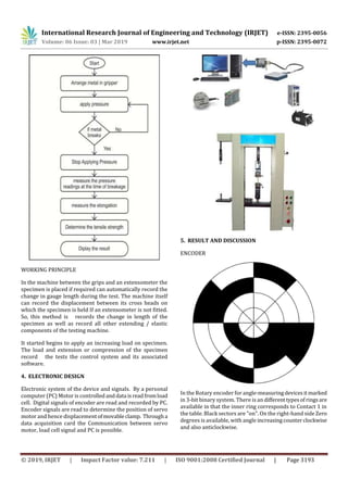 International Research Journal of Engineering and Technology (IRJET) e-ISSN: 2395-0056
Volume: 06 Issue: 03 | Mar 2019 www.irjet.net p-ISSN: 2395-0072
© 2019, IRJET | Impact Factor value: 7.211 | ISO 9001:2008 Certified Journal | Page 3193
WORKING PRINCIPLE
In the machine between the grips and an extensometer the
specimen is placed if required can automatically record the
change in gauge length during the test. The machine itself
can record the displacement between its cross heads on
which the specimen is held If an extensometer is not fitted.
So, this method is records the change in length of the
specimen as well as record all other extending / elastic
components of the testing machine.
It started begins to apply an increasing load on specimen.
The load and extension or compression of the specimen
record the tests the control system and its associated
software.
4. ELECTRONIC DESIGN
Electronic system of the device and signals. By a personal
computer (PC) Motor is controlledanddata isreadfromload
cell. Digital signals of encoder are read and recorded by PC.
Encoder signals are read to determine the position of servo
motor and hence displacementofmovableclamp. Througha
data acquisition card the Communication between servo
motor, load cell signal and PC is possible.
5. RESULT AND DISCUSSION
ENCODER
In the Rotary encoder for angle-measuringdevicesitmarked
in 3-bit binary system. There is an differenttypesofringsare
available in that the inner ring corresponds to Contact 1 in
the table. Black sectors are "on". On the right-hand side Zero
degrees is available, with angle increasingcounterclockwise
and also anticlockwise.
 