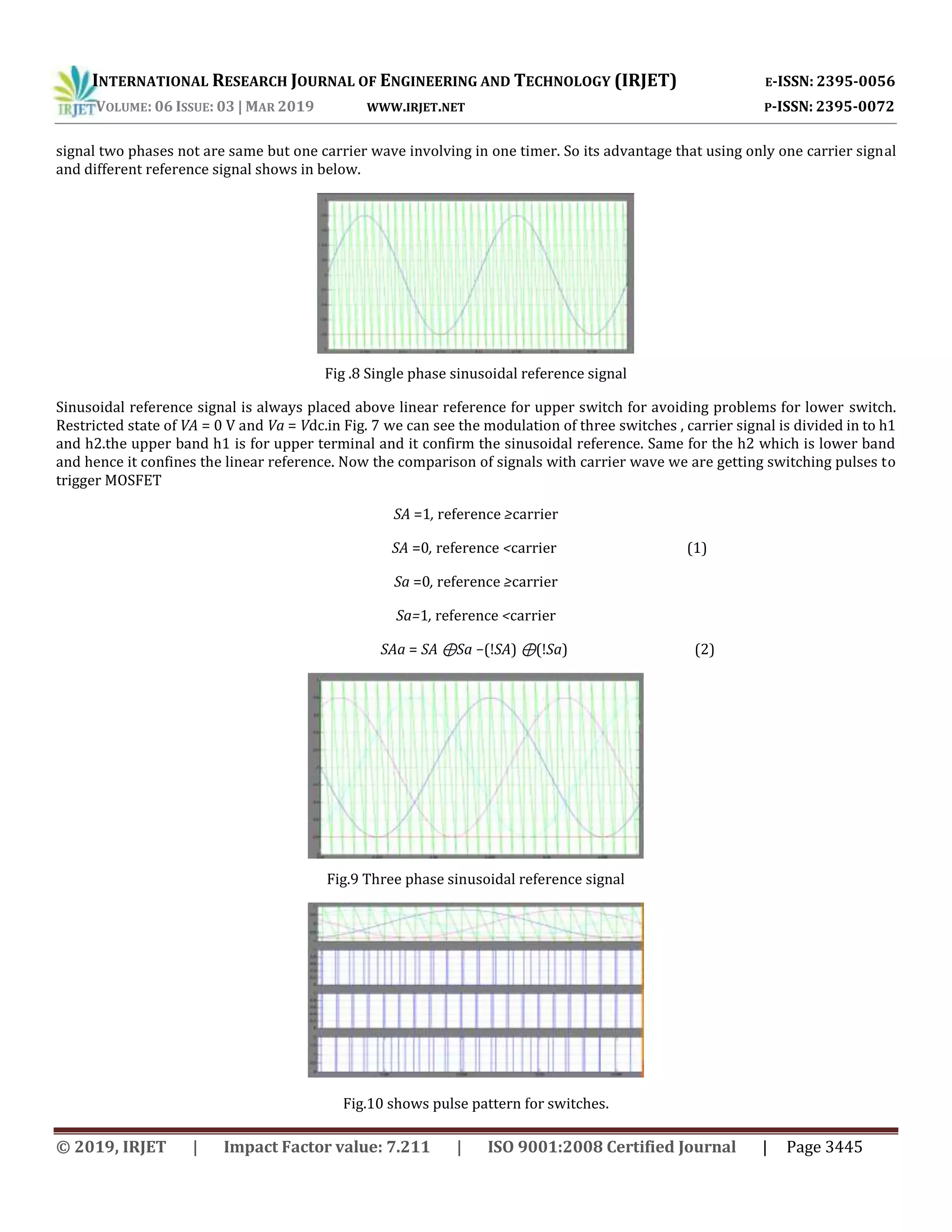 INTERNATIONAL RESEARCH JOURNAL OF ENGINEERING AND TECHNOLOGY (IRJET) E-ISSN: 2395-0056
VOLUME: 06 ISSUE: 03 | MAR 2019 WWW.IRJET.NET P-ISSN: 2395-0072
© 2019, IRJET | Impact Factor value: 7.211 | ISO 9001:2008 Certified Journal | Page 3445
signal two phases not are same but one carrier wave involving in one timer. So its advantage that using only one carrier signal
and different reference signal shows in below.
Fig .8 Single phase sinusoidal reference signal
Sinusoidal reference signal is always placed above linear reference for upper switch for avoiding problems for lower switch.
Restricted state of VA = 0 V and Va = Vdc.in Fig. 7 we can see the modulation of three switches , carrier signal is divided in to h1
and h2.the upper band h1 is for upper terminal and it confirm the sinusoidal reference. Same for the h2 which is lower band
and hence it confines the linear reference. Now the comparison of signals with carrier wave we are getting switching pulses to
trigger MOSFET
SA =1, reference ≥carrier
SA =0, reference <carrier (1)
Sa =0, reference ≥carrier
Sa=1, reference <carrier
SAa = SA ⊕Sa −(!SA) ⊕(!Sa) (2)
Fig.9 Three phase sinusoidal reference signal
Fig.10 shows pulse pattern for switches.
 