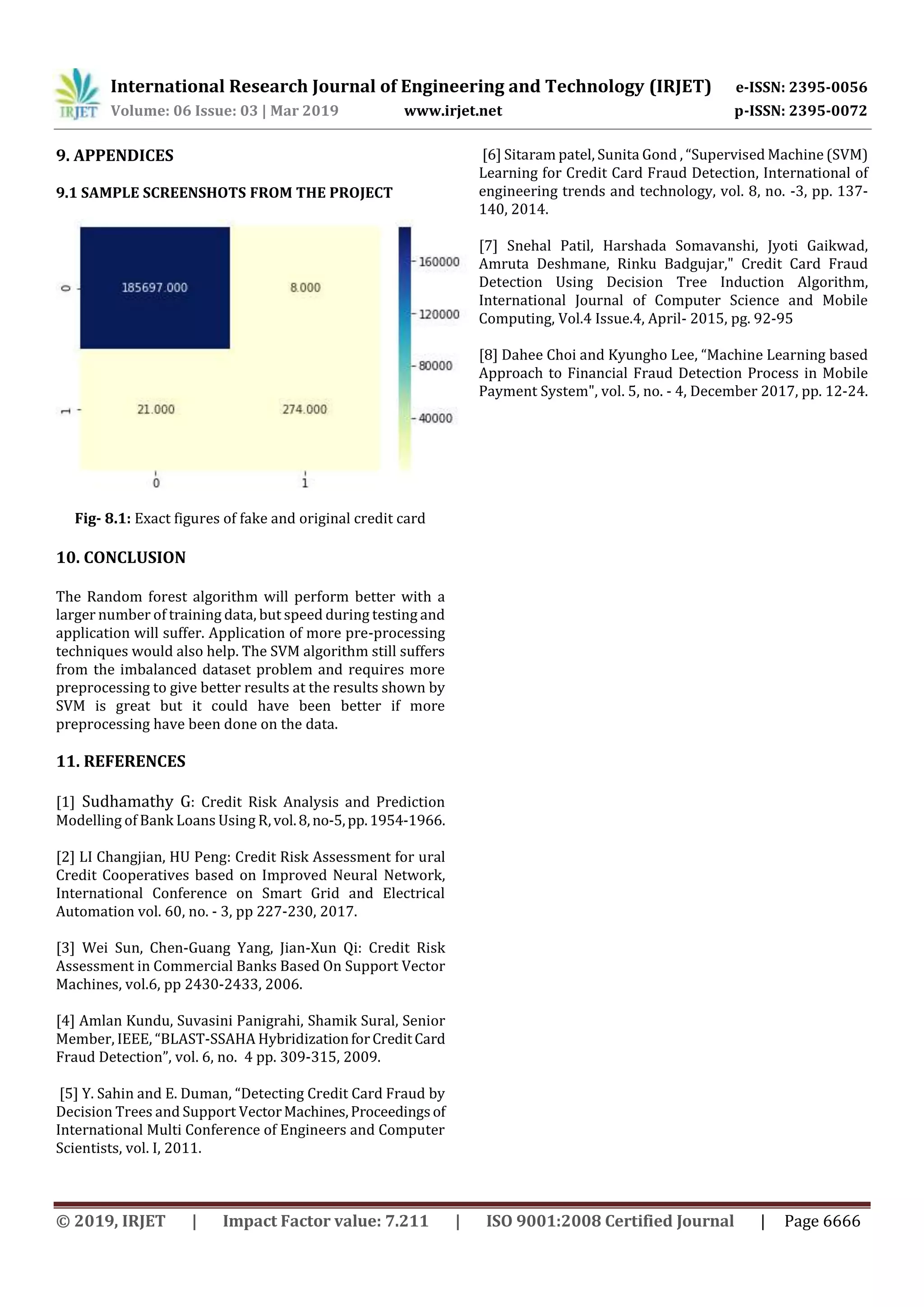 International Research Journal of Engineering and Technology (IRJET) e-ISSN: 2395-0056
Volume: 06 Issue: 03 | Mar 2019 www.irjet.net p-ISSN: 2395-0072
© 2019, IRJET | Impact Factor value: 7.211 | ISO 9001:2008 Certified Journal | Page 6666
9. APPENDICES
9.1 SAMPLE SCREENSHOTS FROM THE PROJECT
Fig- 8.1: Exact figures of fake and original credit card
10. CONCLUSION
The Random forest algorithm will perform better with a
larger number of training data, but speed during testing and
application will suffer. Application of more pre-processing
techniques would also help. The SVM algorithm still suffers
from the imbalanced dataset problem and requires more
preprocessing to give better results at the results shown by
SVM is great but it could have been better if more
preprocessing have been done on the data.
11. REFERENCES
[1] Sudhamathy G: Credit Risk Analysis and Prediction
Modelling of Bank Loans Using R,vol.8,no-5,pp.1954-1966.
[2] LI Changjian, HU Peng: Credit Risk Assessment for ural
Credit Cooperatives based on Improved Neural Network,
International Conference on Smart Grid and Electrical
Automation vol. 60, no. - 3, pp 227-230, 2017.
[3] Wei Sun, Chen-Guang Yang, Jian-Xun Qi: Credit Risk
Assessment in Commercial Banks Based On Support Vector
Machines, vol.6, pp 2430-2433, 2006.
[4] Amlan Kundu, Suvasini Panigrahi, Shamik Sural, Senior
Member, IEEE, “BLAST-SSAHA HybridizationforCreditCard
Fraud Detection”, vol. 6, no. 4 pp. 309-315, 2009.
[5] Y. Sahin and E. Duman, “Detecting Credit Card Fraud by
Decision Trees and Support VectorMachines,Proceedingsof
International Multi Conference of Engineers and Computer
Scientists, vol. I, 2011.
[6] Sitaram patel, Sunita Gond , “Supervised Machine (SVM)
Learning for Credit Card Fraud Detection, International of
engineering trends and technology, vol. 8, no. -3, pp. 137-
140, 2014.
[7] Snehal Patil, Harshada Somavanshi, Jyoti Gaikwad,
Amruta Deshmane, Rinku Badgujar," Credit Card Fraud
Detection Using Decision Tree Induction Algorithm,
International Journal of Computer Science and Mobile
Computing, Vol.4 Issue.4, April- 2015, pg. 92-95
[8] Dahee Choi and Kyungho Lee, “Machine Learning based
Approach to Financial Fraud Detection Process in Mobile
Payment System", vol. 5, no. - 4, December 2017, pp. 12-24.
 