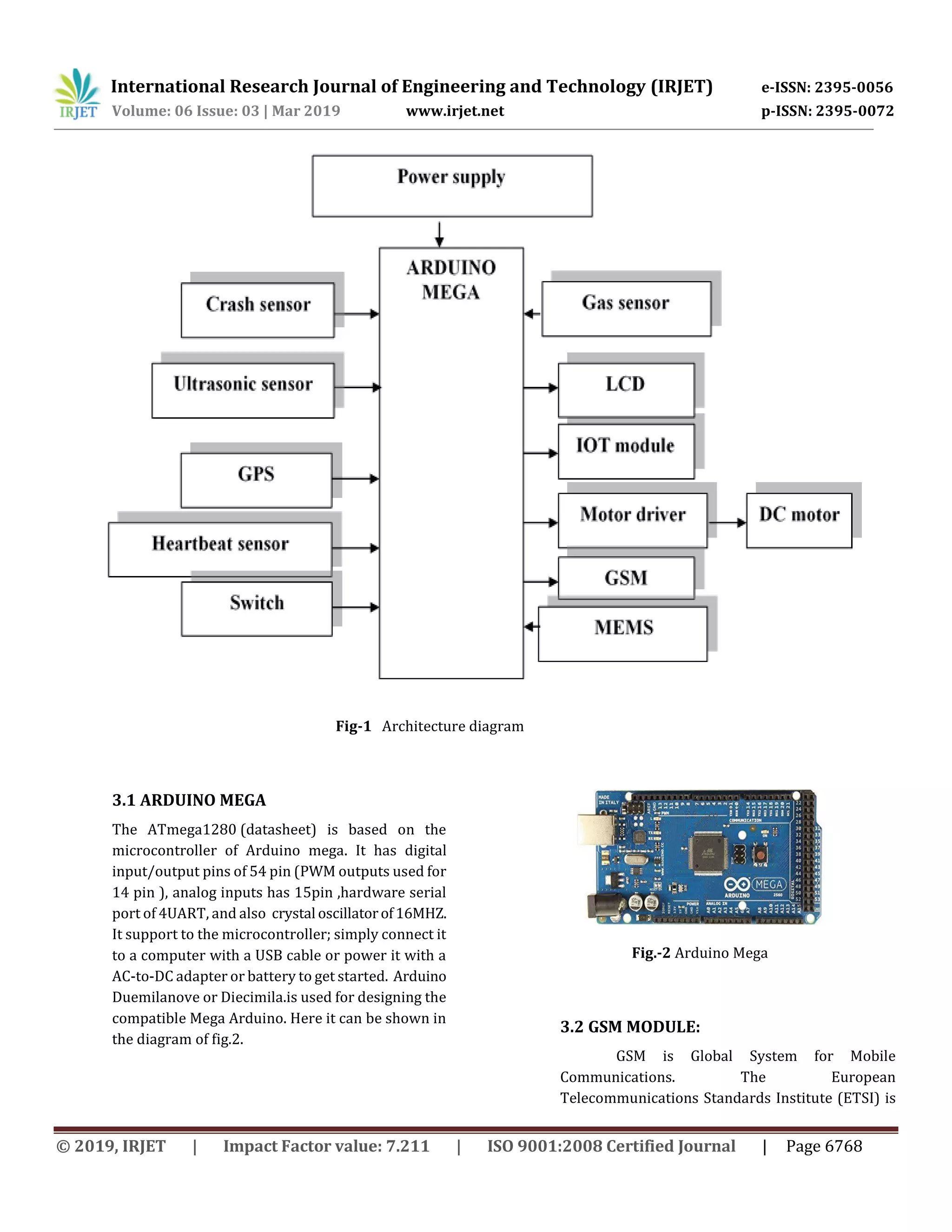 International Research Journal of Engineering and Technology (IRJET) e-ISSN: 2395-0056
Volume: 06 Issue: 03 | Mar 2019 www.irjet.net p-ISSN: 2395-0072
© 2019, IRJET | Impact Factor value: 7.211 | ISO 9001:2008 Certified Journal | Page 6768
Fig-1 Architecture diagram
3.1 ARDUINO MEGA
The ATmega1280 (datasheet) is based on the
microcontroller of Arduino mega. It has digital
input/output pins of 54 pin (PWM outputs used for
14 pin ), analog inputs has 15pin ,hardware serial
port of 4UART, and also crystal oscillatorof16MHZ.
It support to the microcontroller; simply connect it
to a computer with a USB cable or power it with a
AC-to-DC adapter or battery to get started. Arduino
Duemilanove or Diecimila.is used for designing the
compatible Mega Arduino. Here it can be shown in
the diagram of fig.2.
Fig.-2 Arduino Mega
3.2 GSM MODULE:
GSM is Global System for Mobile
Communications. The European
Telecommunications Standards Institute (ETSI) is
 