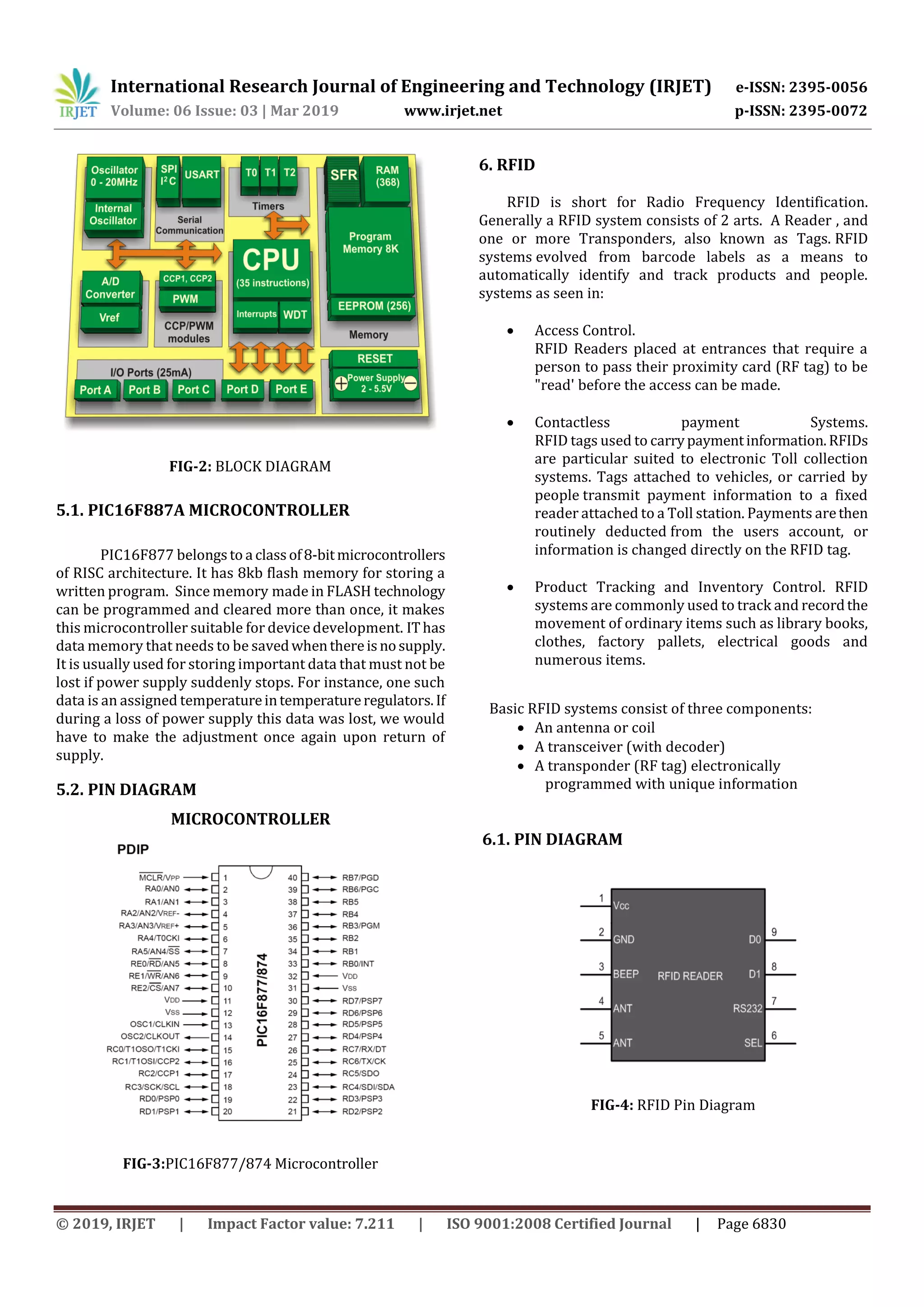 International Research Journal of Engineering and Technology (IRJET) e-ISSN: 2395-0056
Volume: 06 Issue: 03 | Mar 2019 www.irjet.net p-ISSN: 2395-0072
© 2019, IRJET | Impact Factor value: 7.211 | ISO 9001:2008 Certified Journal | Page 6830
FIG-2: BLOCK DIAGRAM
5.1. PIC16F887A MICROCONTROLLER
PIC16F877 belongsto a classof8-bitmicrocontrollers
of RISC architecture. It has 8kb flash memory for storing a
written program. Since memory made in FLASH technology
can be programmed and cleared more than once, it makes
this microcontroller suitable for device development. IThas
data memory that needs to be savedwhenthereisnosupply.
It is usually used for storing important data that must not be
lost if power supply suddenly stops. For instance, one such
data is an assigned temperatureintemperatureregulators.If
during a loss of power supply this data was lost, we would
have to make the adjustment once again upon return of
supply.
5.2. PIN DIAGRAM
MICROCONTROLLER
FIG-3:PIC16F877/874 Microcontroller
6. RFID
RFID is short for Radio Frequency Identification.
Generally a RFID system consists of 2 arts. A Reader , and
one or more Transponders, also known as Tags. RFID
systems evolved from barcode labels as a means to
automatically identify and track products and people.
systems as seen in:
 Access Control.
RFID Readers placed at entrances that require a
person to pass their proximity card (RF tag) to be
"read' before the access can be made.
 Contactless payment Systems.
RFID tags used to carrypaymentinformation.RFIDs
are particular suited to electronic Toll collection
systems. Tags attached to vehicles, or carried by
people transmit payment information to a fixed
reader attached to a Toll station. Payments arethen
routinely deducted from the users account, or
information is changed directly on the RFID tag.
 Product Tracking and Inventory Control. RFID
systems are commonly used to track and recordthe
movement of ordinary items such as library books,
clothes, factory pallets, electrical goods and
numerous items.
Basic RFID systems consist of three components:
 An antenna or coil
 A transceiver (with decoder)
 A transponder (RF tag) electronically
programmed with unique information
6.1. PIN DIAGRAM
FIG-4: RFID Pin Diagram
 