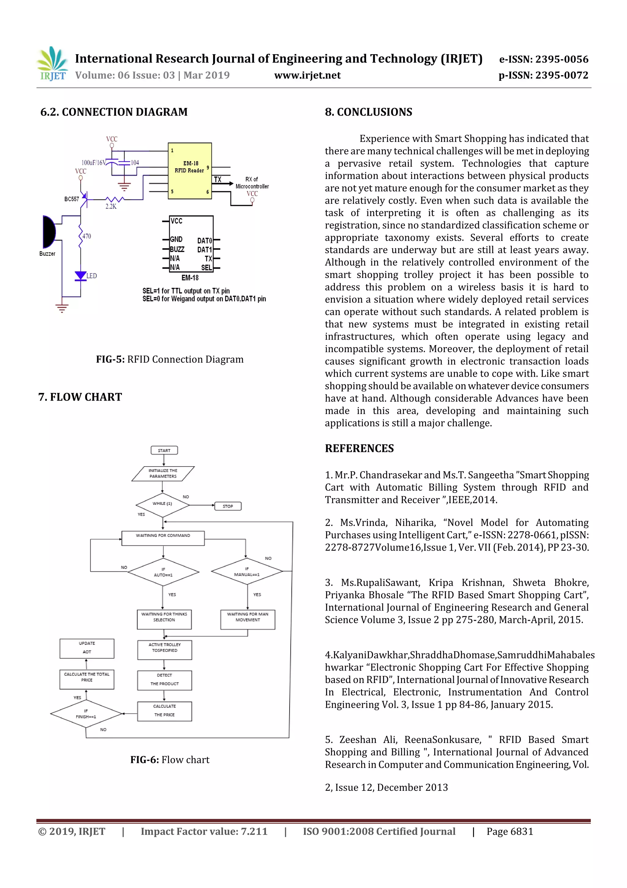 International Research Journal of Engineering and Technology (IRJET) e-ISSN: 2395-0056
Volume: 06 Issue: 03 | Mar 2019 www.irjet.net p-ISSN: 2395-0072
© 2019, IRJET | Impact Factor value: 7.211 | ISO 9001:2008 Certified Journal | Page 6831
6.2. CONNECTION DIAGRAM
FIG-5: RFID Connection Diagram
7. FLOW CHART
FIG-6: Flow chart
8. CONCLUSIONS
Experience with Smart Shopping has indicated that
there are many technical challenges will be met indeploying
a pervasive retail system. Technologies that capture
information about interactions between physical products
are not yet mature enough for the consumer market as they
are relatively costly. Even when such data is available the
task of interpreting it is often as challenging as its
registration, since no standardized classification scheme or
appropriate taxonomy exists. Several efforts to create
standards are underway but are still at least years away.
Although in the relatively controlled environment of the
smart shopping trolley project it has been possible to
address this problem on a wireless basis it is hard to
envision a situation where widely deployed retail services
can operate without such standards. A related problem is
that new systems must be integrated in existing retail
infrastructures, which often operate using legacy and
incompatible systems. Moreover, the deployment of retail
causes significant growth in electronic transaction loads
which current systems are unable to cope with. Like smart
shopping should be available onwhateverdeviceconsumers
have at hand. Although considerable Advances have been
made in this area, developing and maintaining such
applications is still a major challenge.
REFERENCES
1. Mr.P. Chandrasekar and Ms.T. Sangeetha ”SmartShopping
Cart with Automatic Billing System through RFID and
Transmitter and Receiver ”,IEEE,2014.
2. Ms.Vrinda, Niharika, “Novel Model for Automating
Purchases using Intelligent Cart,” e-ISSN:2278-0661,pISSN:
2278-8727Volume16,Issue 1, Ver. VII (Feb.2014),PP23-30.
3. Ms.RupaliSawant, Kripa Krishnan, Shweta Bhokre,
Priyanka Bhosale “The RFID Based Smart Shopping Cart”,
International Journal of Engineering Research and General
Science Volume 3, Issue 2 pp 275-280, March-April, 2015.
4.KalyaniDawkhar,ShraddhaDhomase,SamruddhiMahabales
hwarkar “Electronic Shopping Cart For Effective Shopping
based on RFID”, International Journal ofInnovativeResearch
In Electrical, Electronic, Instrumentation And Control
Engineering Vol. 3, Issue 1 pp 84-86, January 2015.
5. Zeeshan Ali, ReenaSonkusare, " RFID Based Smart
Shopping and Billing ", International Journal of Advanced
Research in Computer and CommunicationEngineering, Vol.
2, Issue 12, December 2013
 