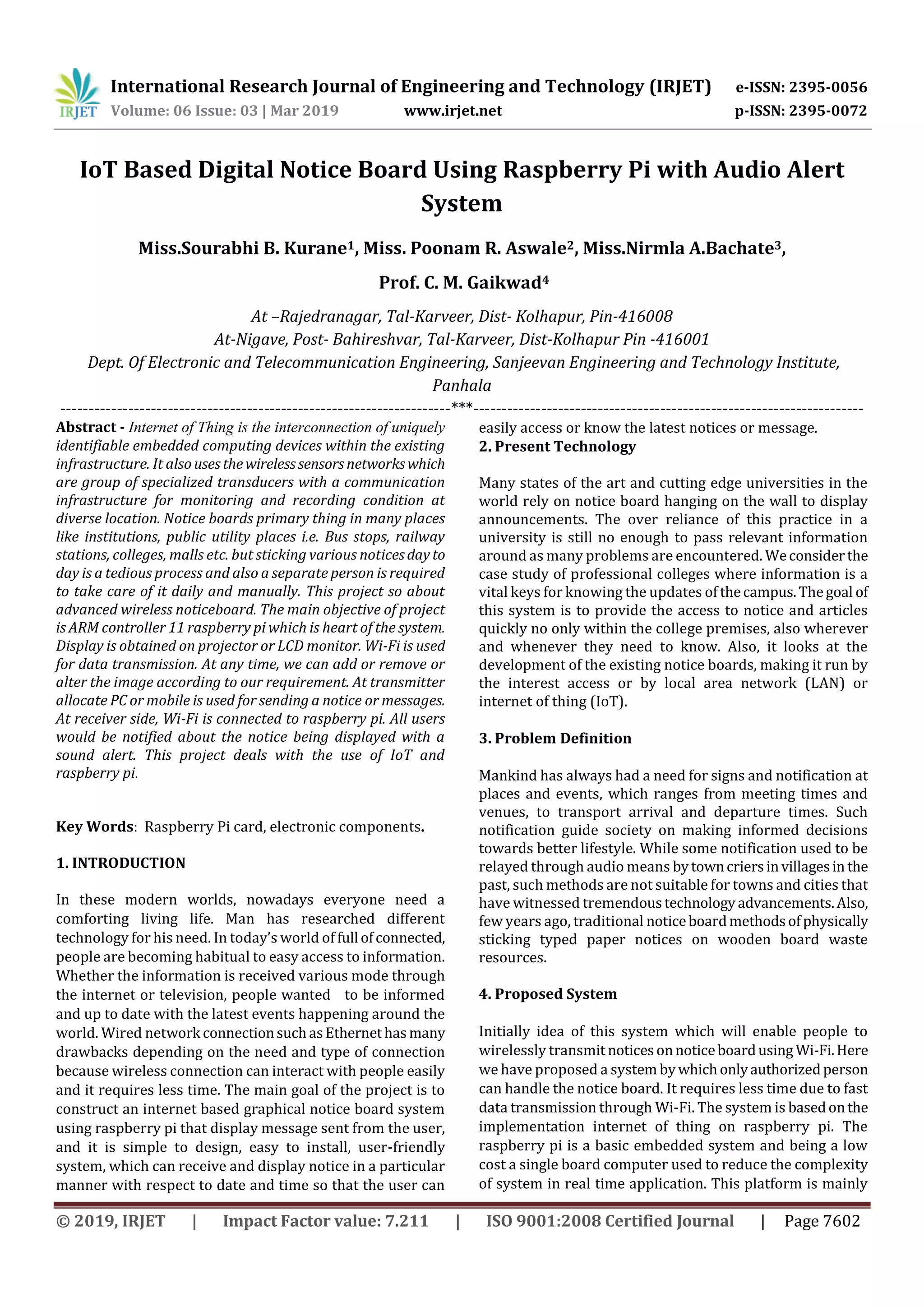 IRJET IoT Based Digital Notice Board Using Raspberry Pi with Audio