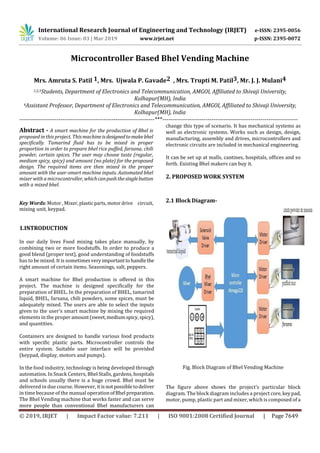 International Research Journal of Engineering and Technology (IRJET) e-ISSN: 2395-0056
Volume: 06 Issue: 03 | Mar 2019 www.irjet.net p-ISSN: 2395-0072
© 2019, IRJET | Impact Factor value: 7.211 | ISO 9001:2008 Certified Journal | Page 7649
Microcontroller Based Bhel Vending Machine
Mrs. Amruta S. Patil 1, Mrs. Ujwala P. Gavade2 , Mrs. Trupti M. Patil3, Mr. J. J. Mulani4
1,2,3Students, Department of Electronics and Telecommunication, AMGOI, Affiliated to Shivaji University,
Kolhapur(MH), India
4Assistant Professor, Department of Electronics and Telecommunication, AMGOI, Affiliated to Shivaji University,
Kolhapur(MH), India
---------------------------------------------------------------------***---------------------------------------------------------------------
Abstract - A smart machine for the production of Bhel is
proposed in this project. Thismachineisdesignedtomakebhel
specifically. Tamarind fluid has to be mixed in proper
proportion in order to prepare bhel rice puffed, farsana, chili
powder, certain spices. The user may choose taste (regular,
medium spicy, spicy) and amount (no plate) for the proposed
design. The required items are then mixed in the proper
amount with the user-smart machine inputs. Automated bhel
mixer with a microcontroller, whichcanpushthesinglebutton
with a mixed bhel.
Key Words: Motor , Mixer,plastic parts, motor drive circuit,
mixing unit, keypad.
1.INTRODUCTION
In our daily lives Food mixing takes place manually, by
combining two or more foodstuffs. In order to produce a
good blend (proper test), good understanding of foodstuffs
has to be mixed. It is sometimesveryimportanttohandlethe
right amount of certain items. Seasonings, salt, peppers.
A smart machine for Bhel production is offered in this
project. The machine is designed specifically for the
preparation of BHEL. In the preparation of BHEL, tamarind
liquid, BHEL, farsana, chili powders, some spices, must be
adequately mixed. The users are able to select the inputs
given to the user's smart machine by mixing the required
elements in the properamount(sweet,mediumspicy,spicy),
and quantities.
Containers are designed to handle various food products
with specific plastic parts. Microcontroller controls the
entire system. Suitable user interface will be provided
(keypad, display, motors and pumps).
In the food industry, technology is being developed through
automation. In Snack Centers, Bhel Stalls, gardens, hospitals
and schools usually there is a huge crowd. Bhel must be
delivered in due course. However, it isnot possibletodeliver
in time because of the manual operationofBhel preparation.
The Bhel Vending machine that works faster and can serve
more people than conventional Bhel manufacturers can
change this type of scenario. It has mechanical systems as
well as electronic systems. Works such as design, design,
manufacturing, assembly and drives, microcontrollers and
electronic circuits are included in mechanical engineering.
It can be set up at malls, cantines, hospitals, offices and so
forth. Existing Bhel makers can buy it.
2. PROPOSED WORK SYSTEM
2.1 BlockDiagram-
Fig. Block Diagram of Bhel Vending Machine
The figure above shows the project's particular block
diagram. The block diagram includes a project core,keypad,
motor, pump, plastic part and mixer, which is composed of a
 