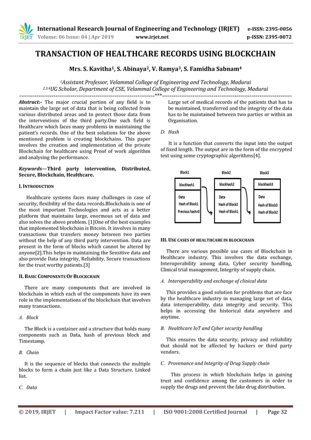 IRJET- Transaction of Healthcare Records using Blockchain | PDF