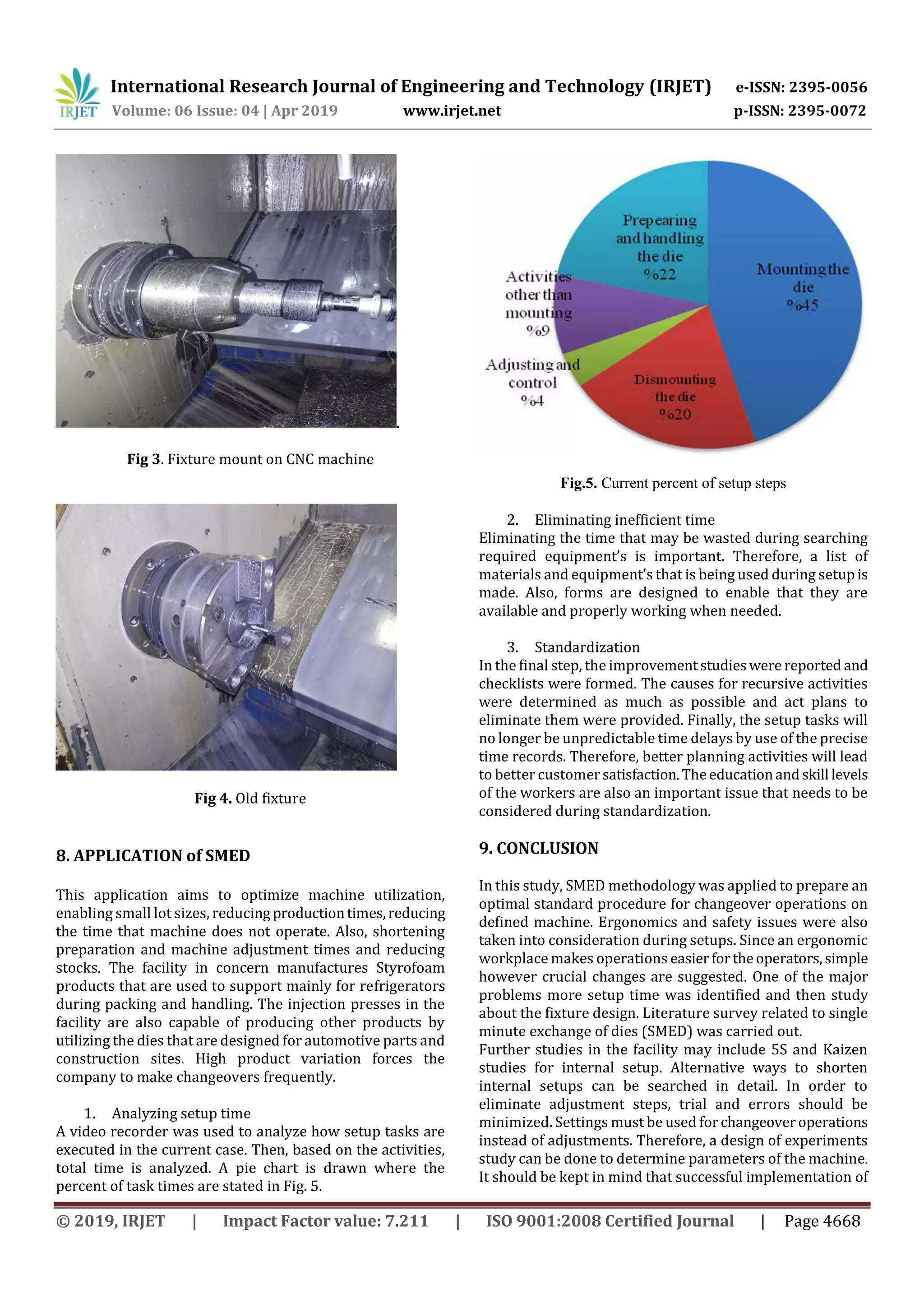 International Research Journal of Engineering and Technology (IRJET) e-ISSN: 2395-0056
Volume: 06 Issue: 04 | Apr 2019 www.irjet.net p-ISSN: 2395-0072
© 2019, IRJET | Impact Factor value: 7.211 | ISO 9001:2008 Certified Journal | Page 4668
.
Fig 3. Fixture mount on CNC machine
Fig 4. Old fixture
8. APPLICATION of SMED
This application aims to optimize machine utilization,
enabling small lot sizes, reducingproductiontimes,reducing
the time that machine does not operate. Also, shortening
preparation and machine adjustment times and reducing
stocks. The facility in concern manufactures Styrofoam
products that are used to support mainly for refrigerators
during packing and handling. The injection presses in the
facility are also capable of producing other products by
utilizing the dies that are designed for automotive parts and
construction sites. High product variation forces the
company to make changeovers frequently.
1. Analyzing setup time
A video recorder was used to analyze how setup tasks are
executed in the current case. Then, based on the activities,
total time is analyzed. A pie chart is drawn where the
percent of task times are stated in Fig. 5.
Fig.5. Current percent of setup steps
2. Eliminating inefficient time
Eliminating the time that may be wasted during searching
required equipment’s is important. Therefore, a list of
materials and equipment’s that is being used during setupis
made. Also, forms are designed to enable that they are
available and properly working when needed.
3. Standardization
In the final step, the improvementstudieswere reported and
checklists were formed. The causes for recursive activities
were determined as much as possible and act plans to
eliminate them were provided. Finally, the setup tasks will
no longer be unpredictable time delays by use of the precise
time records. Therefore, better planning activities will lead
to better customersatisfaction.Theeducationandskill levels
of the workers are also an important issue that needs to be
considered during standardization.
9. CONCLUSION
In this study, SMED methodology was applied to prepare an
optimal standard procedure for changeover operations on
defined machine. Ergonomics and safety issues were also
taken into consideration during setups. Since an ergonomic
workplace makes operations easierfortheoperators,simple
however crucial changes are suggested. One of the major
problems more setup time was identified and then study
about the fixture design. Literature survey related to single
minute exchange of dies (SMED) was carried out.
Further studies in the facility may include 5S and Kaizen
studies for internal setup. Alternative ways to shorten
internal setups can be searched in detail. In order to
eliminate adjustment steps, trial and errors should be
minimized. Settings must be used forchangeoveroperations
instead of adjustments. Therefore, a design of experiments
study can be done to determine parameters of the machine.
It should be kept in mind that successful implementation of
 