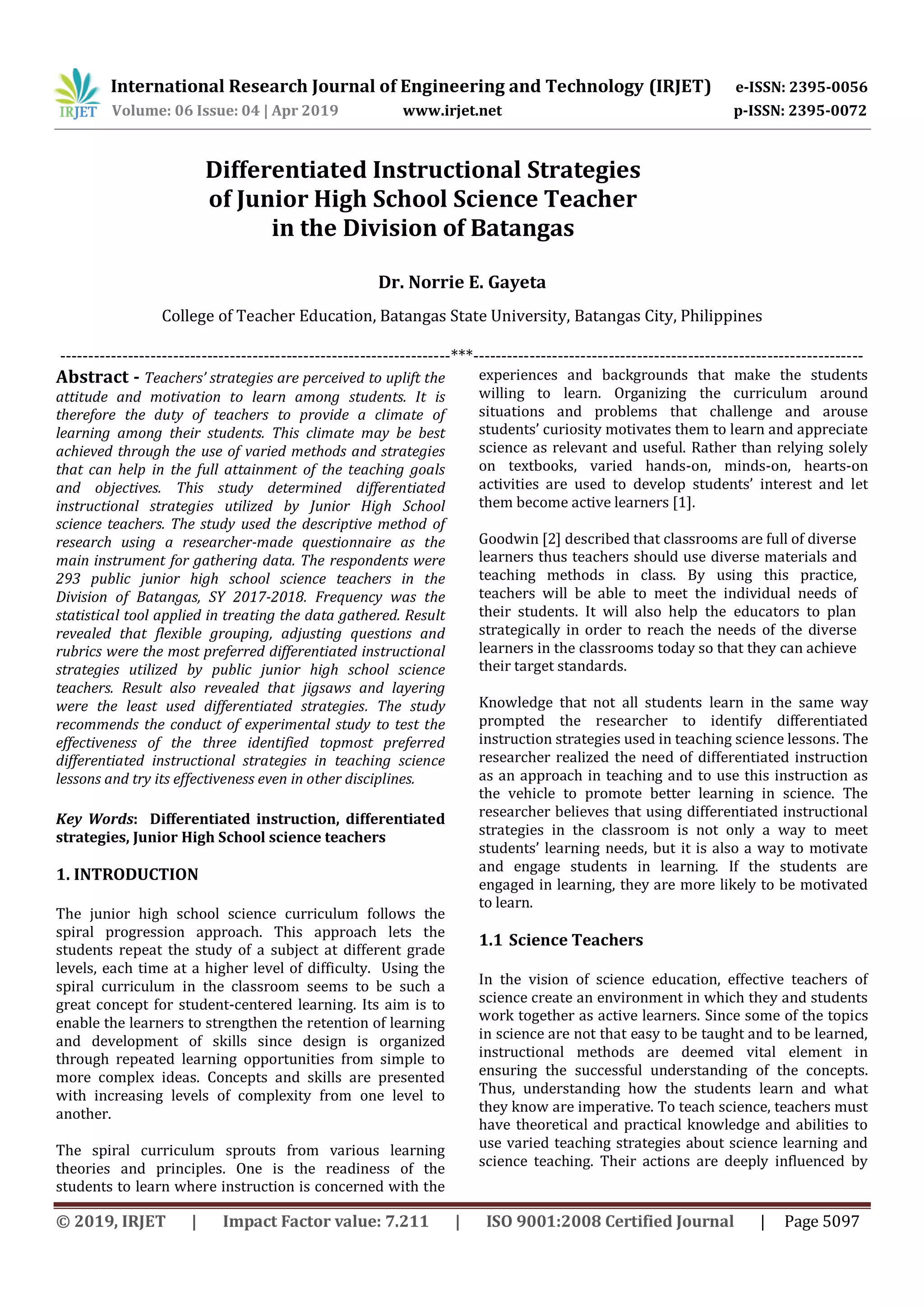 IRJET Differentiated Instructional Strategies of Junior High School