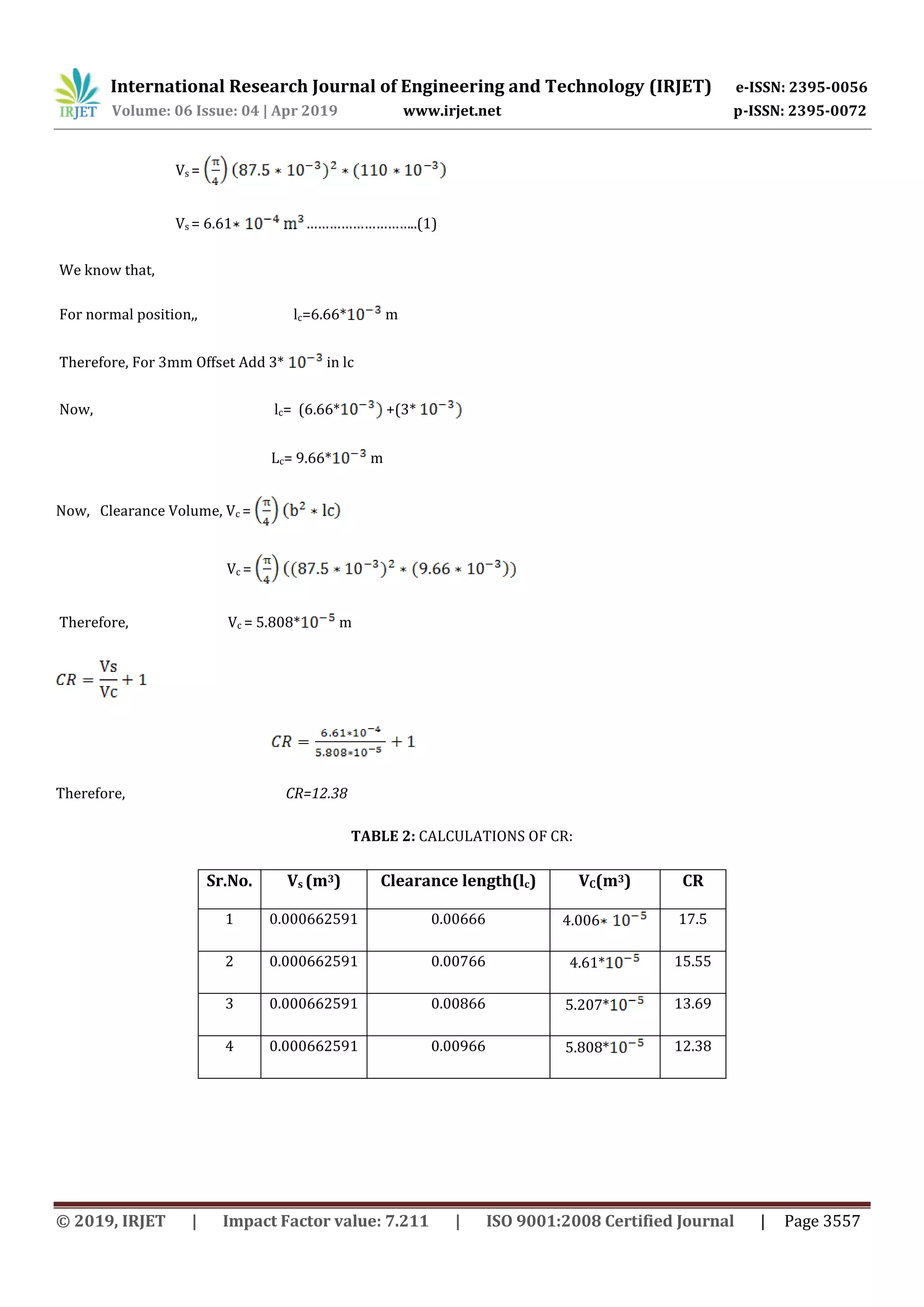 International Research Journal of Engineering and Technology (IRJET) e-ISSN: 2395-0056
Volume: 06 Issue: 04 | Apr 2019 www.irjet.net p-ISSN: 2395-0072
© 2019, IRJET | Impact Factor value: 7.211 | ISO 9001:2008 Certified Journal | Page 3557
Vs =
Vs = 6.61 ………………………..(1)
We know that,
For normal position,, lc=6.66* m
Therefore, For 3mm Offset Add 3* in lc
Now, lc= (6.66* +(3*
Lc= 9.66* m
Now, Clearance Volume, Vc =
Vc =
Therefore, Vc = 5.808* m
Therefore, CR=12.38
TABLE 2: CALCULATIONS OF CR:
Sr.No. Vs (m3) Clearance length(lc) VC(m3) CR
1 0.000662591 0.00666 4.006 17.5
2 0.000662591 0.00766 4.61* 15.55
3 0.000662591 0.00866 5.207* 13.69
4 0.000662591 0.00966 5.808* 12.38
 