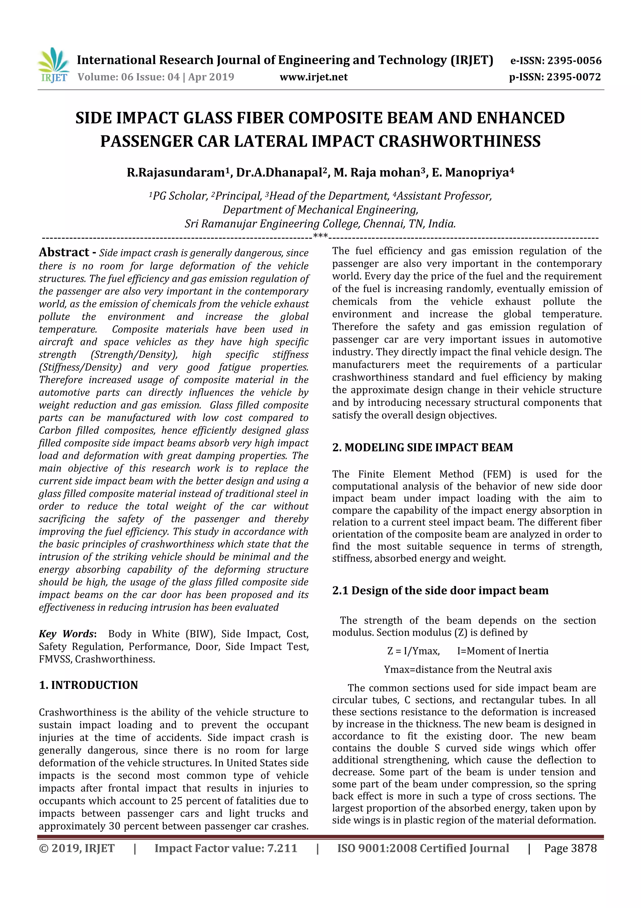 IRJET Side Impact Glass Fiber Composite Beam and Enhanced Passenger Car Lateral Impact