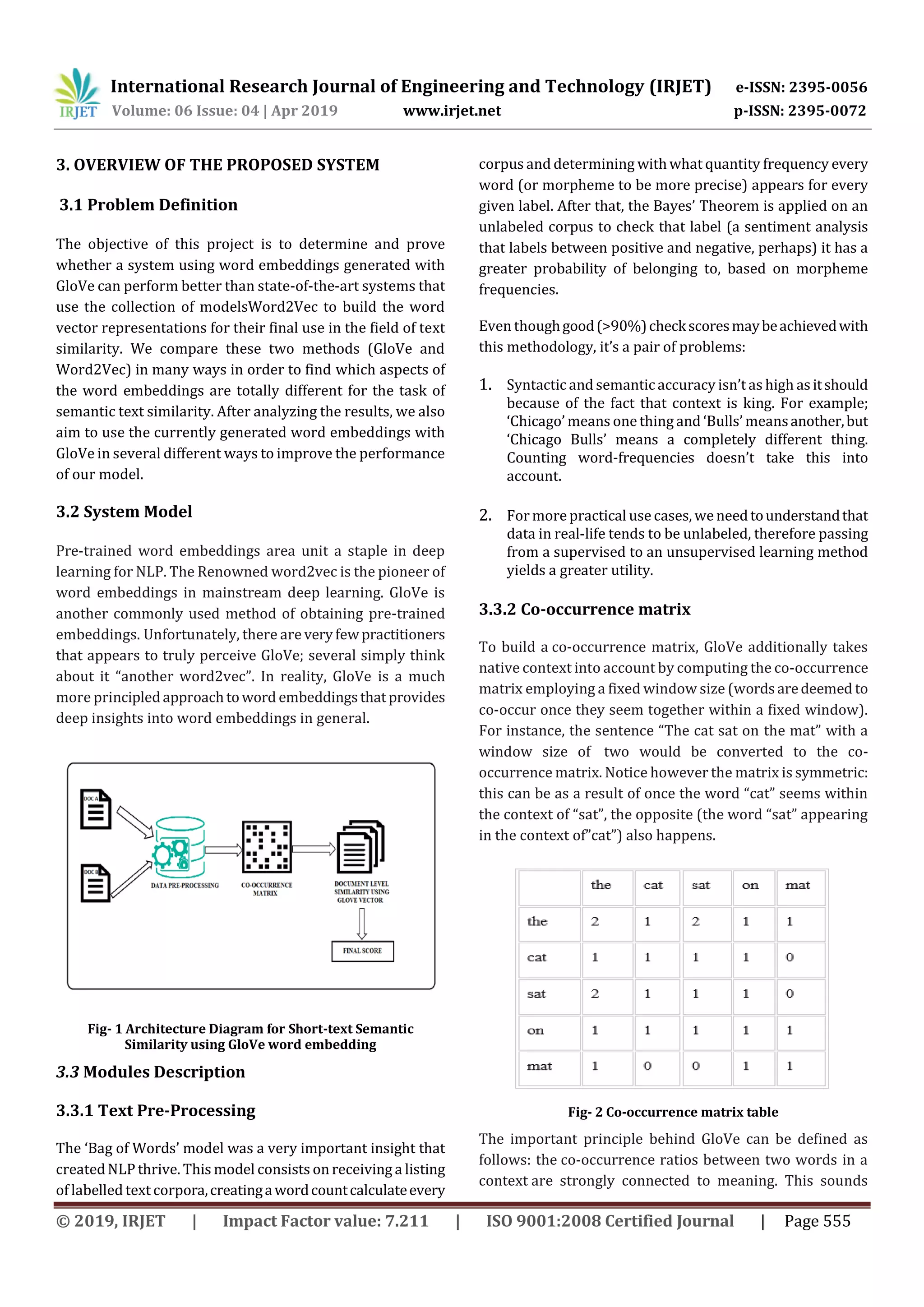 International Research Journal of Engineering and Technology (IRJET) e-ISSN: 2395-0056
Volume: 06 Issue: 04 | Apr 2019 www.irjet.net p-ISSN: 2395-0072
© 2019, IRJET | Impact Factor value: 7.211 | ISO 9001:2008 Certified Journal | Page 555
3. OVERVIEW OF THE PROPOSED SYSTEM
3.1 Problem Definition
The objective of this project is to determine and prove
whether a system using word embeddings generated with
GloVe can perform better than state-of-the-art systems that
use the collection of modelsWord2Vec to build the word
vector representations for their final use in the field of text
similarity. We compare these two methods (GloVe and
Word2Vec) in many ways in order to find which aspects of
the word embeddings are totally different for the task of
semantic text similarity. After analyzing the results, we also
aim to use the currently generated word embeddings with
GloVe in several different ways to improve the performance
of our model.
3.2 System Model
Pre-trained word embeddings area unit a staple in deep
learning for NLP. The Renowned word2vec is the pioneer of
word embeddings in mainstream deep learning. GloVe is
another commonly used method of obtaining pre-trained
embeddings. Unfortunately, there are veryfewpractitioners
that appears to truly perceive GloVe; several simply think
about it “another word2vec”. In reality, GloVe is a much
more principledapproachtoword embeddingsthatprovides
deep insights into word embeddings in general.
Fig- 1 Architecture Diagram for Short-text Semantic
Similarity using GloVe word embedding
3.3 Modules Description
3.3.1 Text Pre-Processing
The ‘Bag of Words’ model was a very important insight that
createdNLP thrive. This model consists on receiving a listing
of labelled text corpora,creatingawordcountcalculateevery
corpus and determining withwhat quantity frequency every
word (or morpheme to be more precise) appears for every
given label. After that, the Bayes’ Theorem is applied on an
unlabeled corpus to check that label (a sentiment analysis
that labels between positive and negative, perhaps) it has a
greater probability of belonging to, based on morpheme
frequencies.
Even thoughgood(>90%)checkscoresmaybeachievedwith
this methodology, it’s a pair of problems:
1. Syntactic and semanticaccuracy isn’tas high asitshould
because of the fact that context is king. For example;
‘Chicago’ means one thing and ‘Bulls’ meansanother,but
‘Chicago Bulls’ means a completely different thing.
Counting word-frequencies doesn’t take this into
account.
2. For more practical use cases, weneedtounderstandthat
data in real-life tends to be unlabeled, therefore passing
from a supervised to an unsupervised learning method
yields a greater utility.
3.3.2 Co-occurrence matrix
To build a co-occurrence matrix, GloVe additionally takes
native context into account by computing the co-occurrence
matrix employing a fixed window size (wordsaredeemed to
co-occur once they seem together within a fixed window).
For instance, the sentence “The cat sat on the mat” with a
window size of two would be converted to the co-
occurrence matrix. Notice however the matrix is symmetric:
this can be as a result of once the word “cat” seems within
the context of “sat”, the opposite (the word “sat” appearing
in the context of”cat”) also happens.
Fig- 2 Co-occurrence matrix table
The important principle behind GloVe can be defined as
follows: the co-occurrence ratios between two words in a
context are strongly connected to meaning. This sounds
 