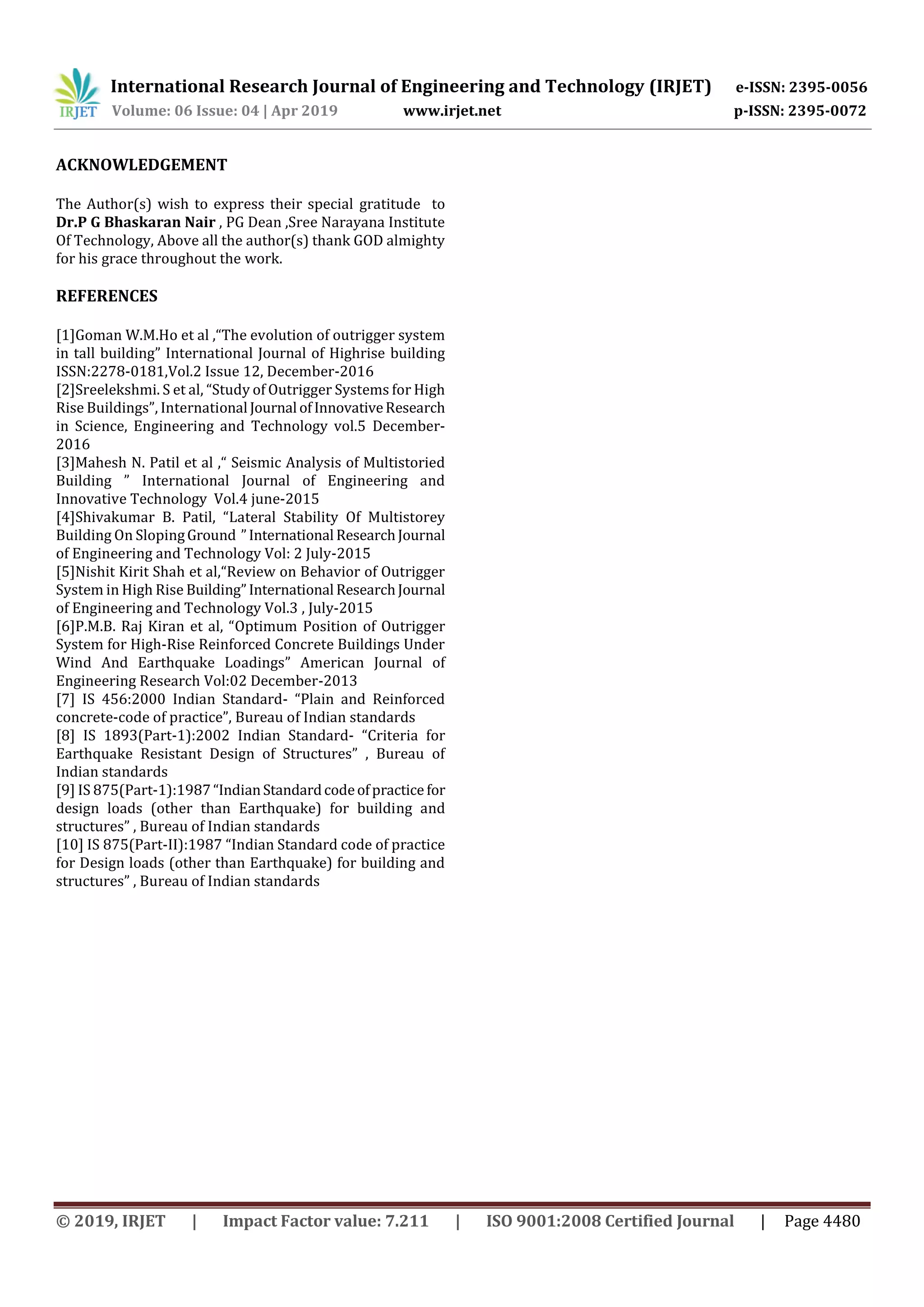 International Research Journal of Engineering and Technology (IRJET) e-ISSN: 2395-0056
Volume: 06 Issue: 04 | Apr 2019 www.irjet.net p-ISSN: 2395-0072
© 2019, IRJET | Impact Factor value: 7.211 | ISO 9001:2008 Certified Journal | Page 4480
ACKNOWLEDGEMENT
The Author(s) wish to express their special gratitude to
Dr.P G Bhaskaran Nair , PG Dean ,Sree Narayana Institute
Of Technology, Above all the author(s) thank GOD almighty
for his grace throughout the work.
REFERENCES
[1]Goman W.M.Ho et al ,“The evolution of outrigger system
in tall building” International Journal of Highrise building
ISSN:2278-0181,Vol.2 Issue 12, December-2016
[2]Sreelekshmi. S et al, “Study of Outrigger Systems for High
Rise Buildings”, International Journal ofInnovativeResearch
in Science, Engineering and Technology vol.5 December-
2016
[3]Mahesh N. Patil et al ,“ Seismic Analysis of Multistoried
Building ” International Journal of Engineering and
Innovative Technology Vol.4 june-2015
[4]Shivakumar B. Patil, “Lateral Stability Of Multistorey
Building On SlopingGround ”International ResearchJournal
of Engineering and Technology Vol: 2 July-2015
[5]Nishit Kirit Shah et al,“Review on Behavior of Outrigger
System in High Rise Building”International ResearchJournal
of Engineering and Technology Vol.3 , July-2015
[6]P.M.B. Raj Kiran et al, “Optimum Position of Outrigger
System for High-Rise Reinforced Concrete Buildings Under
Wind And Earthquake Loadings” American Journal of
Engineering Research Vol:02 December-2013
[7] IS 456:2000 Indian Standard- “Plain and Reinforced
concrete-code of practice”, Bureau of Indian standards
[8] IS 1893(Part-1):2002 Indian Standard- “Criteria for
Earthquake Resistant Design of Structures” , Bureau of
Indian standards
[9] IS 875(Part-1):1987“IndianStandardcodeofpractice for
design loads (other than Earthquake) for building and
structures” , Bureau of Indian standards
[10] IS 875(Part-II):1987 “Indian Standard code of practice
for Design loads (other than Earthquake) for building and
structures” , Bureau of Indian standards
 