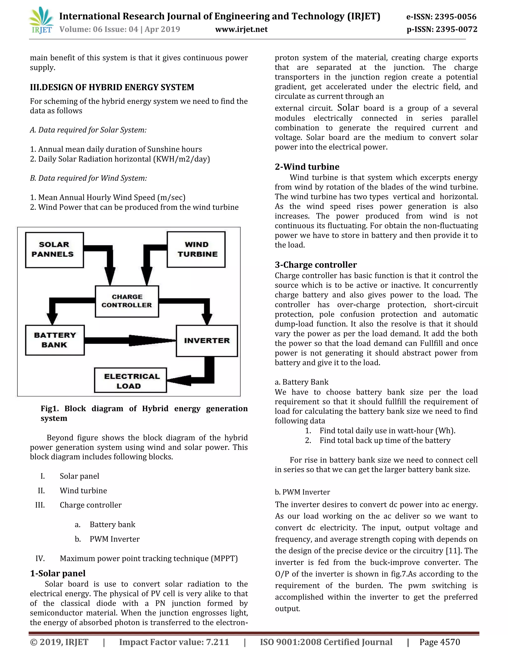 International Research Journal of Engineering and Technology (IRJET) e-ISSN: 2395-0056
Volume: 06 Issue: 04 | Apr 2019 www.irjet.net p-ISSN: 2395-0072
© 2019, IRJET | Impact Factor value: 7.211 | ISO 9001:2008 Certified Journal | Page 4570
main benefit of this system is that it gives continuous power
supply.
III.DESIGN OF HYBRID ENERGY SYSTEM
For scheming of the hybrid energy system we need to find the
data as follows
A. Data required for Solar System:
1. Annual mean daily duration of Sunshine hours
2. Daily Solar Radiation horizontal (KWH/m2/day)
B. Data required for Wind System:
1. Mean Annual Hourly Wind Speed (m/sec)
2. Wind Power that can be produced from the wind turbine
Fig1. Block diagram of Hybrid energy generation
system
Beyond figure shows the block diagram of the hybrid
power generation system using wind and solar power. This
block diagram includes following blocks.
I. Solar panel
II. Wind turbine
III. Charge controller
a. Battery bank
b. PWM Inverter
IV. Maximum power point tracking technique (MPPT)
1-Solar panel
Solar board is use to convert solar radiation to the
electrical energy. The physical of PV cell is very alike to that
of the classical diode with a PN junction formed by
semiconductor material. When the junction engrosses light,
the energy of absorbed photon is transferred to the electron-
proton system of the material, creating charge exports
that are separated at the junction. The charge
transporters in the junction region create a potential
gradient, get accelerated under the electric field, and
circulate as current through an
external circuit. Solar board is a group of a several
modules electrically connected in series parallel
combination to generate the required current and
voltage. Solar board are the medium to convert solar
power into the electrical power.
2-Wind turbine
Wind turbine is that system which excerpts energy
from wind by rotation of the blades of the wind turbine.
The wind turbine has two types vertical and horizontal.
As the wind speed rises power generation is also
increases. The power produced from wind is not
continuous its fluctuating. For obtain the non-fluctuating
power we have to store in battery and then provide it to
the load.
3-Charge controller
Charge controller has basic function is that it control the
source which is to be active or inactive. It concurrently
charge battery and also gives power to the load. The
controller has over-charge protection, short-circuit
protection, pole confusion protection and automatic
dump-load function. It also the resolve is that it should
vary the power as per the load demand. It add the both
the power so that the load demand can Fullfill and once
power is not generating it should abstract power from
battery and give it to the load.
a. Battery Bank
We have to choose battery bank size per the load
requirement so that it should fullfill the requirement of
load for calculating the battery bank size we need to find
following data
1. Find total daily use in watt-hour (Wh).
2. Find total back up time of the battery
For rise in battery bank size we need to connect cell
in series so that we can get the larger battery bank size.
b. PWM Inverter
The inverter desires to convert dc power into ac energy.
As our load working on the ac deliver so we want to
convert dc electricity. The input, output voltage and
frequency, and average strength coping with depends on
the design of the precise device or the circuitry [11]. The
inverter is fed from the buck-improve converter. The
O/P of the inverter is shown in fig.7.As according to the
requirement of the burden. The pwm switching is
accomplished within the inverter to get the preferred
output.
 
