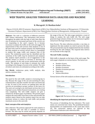 International Research Journal of Engineering and Technology (IRJET) e-ISSN: 2395-0056
Volume: 06 Issue: 04 | Apr 2019 www.irjet.net p-ISSN: 2395-0072
© 2019, IRJET | Impact Factor value: 7.211 | ISO 9001:2008 Certified Journal | Page 4619
WEB TRAFFIC ANALYSIS THROUGH DATA ANALYSIS AND MACHINE
LEARNING
K. Muragesh1, B. Masthan baba2
1Reg.no:1116126, MCA VI semester, Department of MCA, Sree Vidyanikethan Institute of Management, S V University.
2Assistant Professor, Department of MCA, Sree Vidyanikethan Institute of Management, A.Rangampeta, Tirupati.
--------------------------------------------------------------------***-------------------------------------------------------------------------
Abstract:- The web is a collection of different networks
with relative information. The information will process
throughout the globe with the help of web. Now days the
size of netizens are increased and most of the servers are
not responding to the user’s request. So it became
necessary to analyze the traffic on the web and suggest the
improvement of the web services. Data Analysis is one of
the best tools used for analysis purpose. By implementing
the Data analysis on various servers there is a possibility
to analyze the usage, traffic and response time of the
server. The rendezvous point may be, identified and the
variations of the traffic may be monitored and analyzed.
The analysis report presents a set of suggestions to the
website owners or servers to increase or decrease the
server capacity. So the web access synchronizes with the
traffic. The analysis of web helps to estimate the traffic
according to the changes of access in the website. The ratio
of visitors and views are estimated according to the traffic.
Key Words: rendezvous point, traffic analysis, data
metrics, sessions, views
Introduction:
The need for the web traffic analysis is increasing day to
day. Because the usage of the net and searching for data,
communication and data transfer has been increased day
to day. So most of the servers are getting busy and the
services are providing in proper manner to the users [1].
The users are scaring to use web based services due to an
improper access. Online financial transactions are creating
very complexity. The web traffic analysis can give a
solution for all these types of problems. The present paper
analyzes the web traffic from time to time and provides the
analysis report. Based on the analysis report one can take
necessary actions to reduce the web traffic and provide
maximum access to the users [2].
Basic concepts of the web Analytics:
Data collection: The primary approach for web analytics is
data collection. The raw data is available in various
formats. The data may be varied and purely depends on
the usage of the net. The data usage maintains a count of
things to analyze the web traffic [3]. The web usage
generates huge volumes of data. So it is necessary to gather
and procure the huge volumes of data.
Data Process: The data collection provides a raw data, to
implement the data analysis we need to process the data.
The processed data may be implemented into the machine
learning for the web analysis. The required data metrics
we can decide in this stage [4].
The web Traffic counting:
Web traffic is depends on the basis of the web usage. The
web usage is depends on various factors. The factors are
 Number of users
 Number of New Users
 Number of sessions
 Number of sessions per user
 Page views
 Session Allocations
Various factors of the web analysis as shown in figure 1.0
Figure 1.0: The factors of the web analysis
Identifying the important performance indicators:
The process of identifying the key indicators: The count
values are converted into ratios. The predefined business
functionalities are implemented on the count data values
[5]. The conversion aspects are referred as key
performance Indicators also referred as KPI.
 