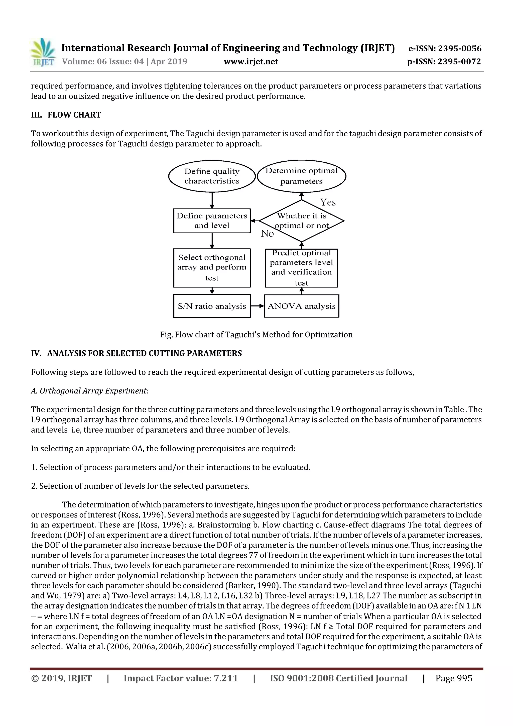 International Research Journal of Engineering and Technology (IRJET) e-ISSN: 2395-0056
Volume: 06 Issue: 04 | Apr 2019 www.irjet.net p-ISSN: 2395-0072
© 2019, IRJET | Impact Factor value: 7.211 | ISO 9001:2008 Certified Journal | Page 995
required performance, and involves tightening tolerances on the product parameters or process parameters that variations
lead to an outsized negative influence on the desired product performance.
III. FLOW CHART
To workout this design of experiment, The Taguchi design parameter is used and for the taguchi design parameter consists of
following processes for Taguchi design parameter to approach.
Fig. Flow chart of Taguchi's Method for Optimization
IV. ANALYSIS FOR SELECTED CUTTING PARAMETERS
Following steps are followed to reach the required experimental design of cutting parameters as follows,
A. Orthogonal Array Experiment:
The experimental design for the three cutting parameters andthreelevelsusingtheL9 orthogonal arrayisshownin Table.The
L9 orthogonal array has three columns, and three levels. L9 Orthogonal Array is selected on the basisofnumberofparameters
and levels i.e, three number of parameters and three number of levels.
In selecting an appropriate OA, the following prerequisites are required:
1. Selection of process parameters and/or their interactions to be evaluated.
2. Selection of number of levels for the selected parameters.
The determinationofwhich parameterstoinvestigate,hingesupontheproductorprocessperformancecharacteristics
or responses of interest (Ross, 1996). Several methods are suggested by Taguchi for determiningwhichparameterstoinclude
in an experiment. These are (Ross, 1996): a. Brainstorming b. Flow charting c. Cause-effect diagrams The total degrees of
freedom (DOF) of an experiment are a direct function of total number of trials. If the numberoflevelsofa parameterincreases,
the DOF of the parameter also increase because the DOF of a parameter is the number of levels minusone. Thus,increasingthe
number of levels for a parameter increases the total degrees 77 of freedom in the experiment which in turn increases thetotal
number of trials. Thus, two levels for each parameter are recommended to minimize the size oftheexperiment(Ross,1996).If
curved or higher order polynomial relationship between the parameters under study and the response is expected, at least
three levels for each parameter should be considered (Barker, 1990). The standard two-level and three level arrays (Taguchi
and Wu, 1979) are: a) Two-level arrays: L4, L8, L12, L16, L32 b) Three-level arrays: L9, L18, L27 The number as subscript in
the array designation indicates the number of trials in that array. The degrees of freedom(DOF)availableinanOAare:fN 1LN
  where LN f = total degrees of freedom of an OA LN =OA designation N = number of trials When a particular OA is selected
for an experiment, the following inequality must be satisfied (Ross, 1996): LN f ≥ Total DOF required for parameters and
interactions. Depending on the number of levels in the parameters and total DOF required for the experiment, a suitable OA is
selected. Walia et al. (2006, 2006a, 2006b, 2006c) successfully employed Taguchi technique for optimizing the parametersof
 