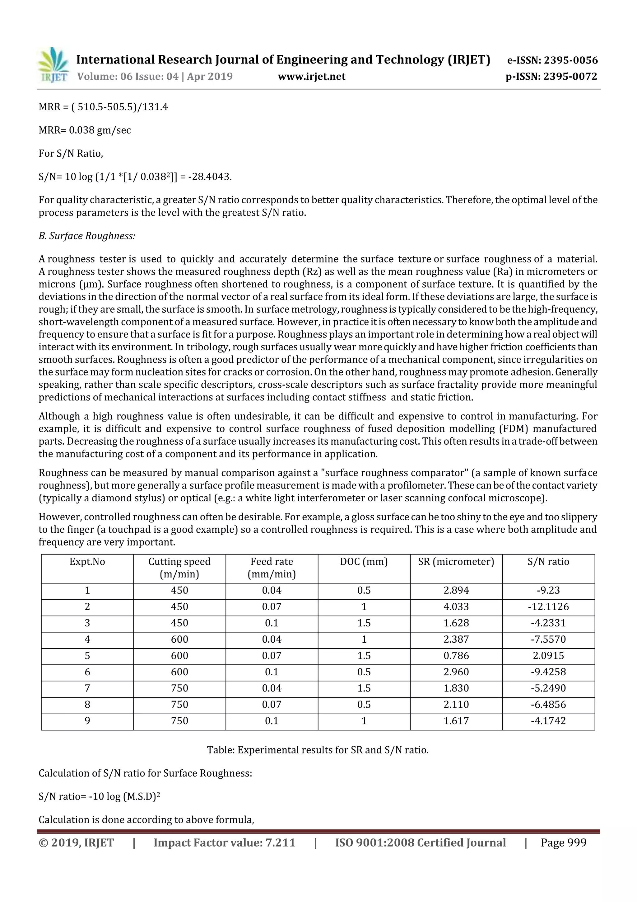 International Research Journal of Engineering and Technology (IRJET) e-ISSN: 2395-0056
Volume: 06 Issue: 04 | Apr 2019 www.irjet.net p-ISSN: 2395-0072
© 2019, IRJET | Impact Factor value: 7.211 | ISO 9001:2008 Certified Journal | Page 999
MRR = ( 510.5-505.5)/131.4
MRR= 0.038 gm/sec
For S/N Ratio,
S/N= 10 log (1/1 *[1/ 0.0382]] = -28.4043.
For quality characteristic, a greater S/N ratio corresponds to better quality characteristics. Therefore, the optimal level of the
process parameters is the level with the greatest S/N ratio.
B. Surface Roughness:
A roughness tester is used to quickly and accurately determine the surface texture or surface roughness of a material.
A roughness tester shows the measured roughness depth (Rz) as well as the mean roughness value (Ra) in micrometers or
microns (µm). Surface roughness often shortened to roughness, is a component of surface texture. It is quantified by the
deviations in the direction of the normal vector of a real surface from its ideal form. If these deviations are large, the surfaceis
rough; if they are small, the surface is smooth. In surface metrology,roughnessistypicallyconsideredto bethehigh-frequency,
short-wavelength component of a measured surface. However, in practiceitisoftennecessarytoknow boththeamplitudeand
frequency to ensure that a surface is fit for a purpose. Roughness plays an important role in determining how a real objectwill
interact with its environment. In tribology, roughsurfacesusually wear morequicklyandhavehigher friction coefficientsthan
smooth surfaces. Roughness is often a good predictor of the performance of a mechanical component, since irregularities on
the surface may form nucleation sites for cracks or corrosion. On the other hand, roughness may promote adhesion.Generally
speaking, rather than scale specific descriptors, cross-scale descriptors such as surface fractality provide more meaningful
predictions of mechanical interactions at surfaces including contact stiffness and static friction.
Although a high roughness value is often undesirable, it can be difficult and expensive to control in manufacturing. For
example, it is difficult and expensive to control surface roughness of fused deposition modelling (FDM) manufactured
parts. Decreasing the roughness of a surface usually increases its manufacturing cost. This often resultsina trade-offbetween
the manufacturing cost of a component and its performance in application.
Roughness can be measured by manual comparison against a "surface roughness comparator" (a sample of known surface
roughness), but more generally a surface profile measurement is madewitha profilometer. Thesecanbeofthecontactvariety
(typically a diamond stylus) or optical (e.g.: a white light interferometer or laser scanning confocal microscope).
However, controlled roughness can often be desirable. For example, a gloss surfacecanbetooshinytotheeyeand tooslippery
to the finger (a touchpad is a good example) so a controlled roughness is required. This is a case where both amplitude and
frequency are very important.
Expt.No Cutting speed
(m/min)
Feed rate
(mm/min)
DOC (mm) SR (micrometer) S/N ratio
1 450 0.04 0.5 2.894 -9.23
2 450 0.07 1 4.033 -12.1126
3 450 0.1 1.5 1.628 -4.2331
4 600 0.04 1 2.387 -7.5570
5 600 0.07 1.5 0.786 2.0915
6 600 0.1 0.5 2.960 -9.4258
7 750 0.04 1.5 1.830 -5.2490
8 750 0.07 0.5 2.110 -6.4856
9 750 0.1 1 1.617 -4.1742
Table: Experimental results for SR and S/N ratio.
Calculation of S/N ratio for Surface Roughness:
S/N ratio= -10 log (M.S.D)2
Calculation is done according to above formula,
 