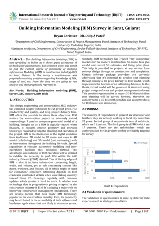 International Research Journal of Engineering and Technology (IRJET) e-ISSN: 2395-0056
Volume: 06 Issue: 04 | Apr 2019 www.irjet.net p-ISSN: 2395-0072
© 2019, IRJET | Impact Factor value: 7.211 | ISO 9001:2008 Certified Journal | Page 1147
Building Information Modeling (BIM) Survey in Surat, Gujarat
Bryan Christian1, DR. Dilip A Patel2
1Department of Civil Engineering, Construction & Project Management, Parul Institute of Technology, Parul
University, Vadodara, Gujarat, India.
2Assistant professor, Department of Civil Engineering, Sardar Vallabh National Institute of Technology (SV-NIT),
Surat, Gujarat, India.
---------------------------------------------------------------------***----------------------------------------------------------------------
Abstract - This Building Information Modeling (BIM) is
now spreading in Indian as it shows great acceptance of
technological advancement. This research work was aimed
to find the current degree of familiarity of Building
Information Modeling (BIM) in construction industry(AEC)
in Surat, Gujarat. In this survey a questionnaire was
prepared containing questions regarding knowledge of BIM,
usage of tool, etc. From the data we are going to run
analysis and then graphically represent it.
Key Words: Building Information modeling (BIM),
Survey, AEC industry, BIM tools
1. INTRODUCTION
This design, engineering, and construction (AEC) industry
has extended sought techniques to cut project price, rise
productivity and quality, and drop project delivery time.
BIM offers the possible to attain these objectives. BIM
mimics the construction project in extremely virtual
surroundings. A precise computer-generated model of a
building, brought up as a BIM is digitally created when
finalized, it contains precise geometry and relevant
knowledge required to help the planning and execution of
the project. BIM is the illustration of the digital evolution
from traditional 2D model to 3D mode and even to 4D
model (scheduling) and 5D model (cost estimating) with
an information throughout the building life cycle. Special
capabilities of constant parametric modelling and inter
operability facilitate this evolution method. The
advantages and outcome of BIM execution will be utilized
to validate the necessity to push BIM within the AEC
industry. Edward (2007) claimed “One of the key edges of
BIM is that it includes information concerning length,
width, and volume, yet as info concerning content like
doors, windows, and finishes, all of which might be used
for estimation.” Moreover, estimating depends on BIM
eradicates overlooked details when undertaking quantity
take-off from 2D Drawings regularly with common
updates which creates it hard to catch. A relative new
technology that is progressively getting accepted in the
construction industry is BIM. It is playing a major role on
improving construction management background. There
are several factors that have made BIM technology
popular in the construction industry. First, its popularity
may be attributed to the accessibility of both software and
hardware applications that are likely to minimize errors.
Similarly, BIM technology has created very competitive
markets for the modern construction. 5D-model task give
careful and correct 5D estimates and living price plans.
This help is provided to projects at any section from
concept design through to construction and completion.
Certain software package providers are currently
advertising that it's potential to develop cost planning
through linking a 5D price Library to BIM model, which
implements the function of an estimating database. In this
thesis, virtual model will be generated & simulated using
project design software and project management software.
This provides opportunities to import 3D BIM models then
cost planning will be carried forward. Moreover the
capacity to tie a 3D BIM with schedule and cost provides a
5D BIM model and simulation.
2. FINDINGS
The majority of respondents 51 percent are developer and
builders, they are actively working in Surat city more than
20 years. Second group of respondents was of architects,
which are 31 percent. The third group is of PMCs which are
17 percent. These are the stakeholders which are
authorized use BIM in projects so they are mainly targeted
for survey.
Chart 1: respondents
2.1 Validation of questionnaire:
The validation of questionnaire is done by different field
experts as well as strategic consultants.
 
