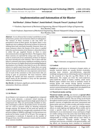 International Research Journal of Engineering and Technology (IRJET) e-ISSN: 2395-0056
Volume: 06 Issue: 04 | Apr 2019 www.irjet.net p-ISSN: 2395-0072
© 2019, IRJET | Impact Factor value: 7.211 | ISO 9001:2008 Certified Journal | Page 1225
Implementation and Automation of Air Blaster
Naif Borkar1, Zishan Thakur2, Sumit Rathod3, Vinayak Tiwari4, Jaydeep S. Patil5
1,2,3,4Students, Department of Mechanical Engineering, Bharati Vidyapeeth College of Engineering,
Navi Mumbai, India
5 Guide Professor, Department of Mechanical Engineering, Bharati Vidyapeeth College of Engineering,
Navi Mumbai, India
---------------------------------------------------------------------***----------------------------------------------------------------------
Abstract - As we all know that in today'sworldtherearelots
of functions, parties and ceremonies which are taking place.
The essence of these occasions is the way these are
presented in front of their guests. Air blaster plays a very
significant role in adding to the kernel of these occasions by
making them look extremely beautiful. However there are
many instances where the beauty of the show is spoiled
when the synchronization of air blasters is disturbed where
in either the gas supplied freezes or there is some
miscommunication amongst the labors. This happens when
these cannons are operated by using a two way valve. In
order to avoid such errors automation of these air blasters
has been introduced in the industry. This is done with the
help of a solenoid valve hence making its working a treat to
the eyes because of a highly illustriousproceedingdisplayed.
Automation of air blasters also finds its use in the industry
where it is used to eject heavy load. Today there are many
industries which manufacture these solenoid valves with all
types of coils in it but these are very expensive and at times
out of reach of the customers or the event hosts who are
trying to gain its possession. We have however sifted
through the market and have acquired a solenoid valve
which meets all the demands to carry out the operation
without any hindrances.
Key Words: Air blasters,significant,synchronization,labors,
automation, illustrious, solenoid
1. INTRODUCTION
1.1 Air Blaster
An air blaster or air cannonisa de-cloggingdevicecomposed
of two main elements: a pressure vessel (storing air
pressure) and a triggering mechanism(highspeedreleaseof
compressed air). They are permanently installed on silos,
bins and hoppers walls for all powdery forms of materials,
and are used to prevent caking an allowing maximum
storage capacity. Air blasters do not need any specific air
supply. Available plant air enough with a minimum of 4 bar
pressure (60psi or 400kPa), although 5 to 6barpressure are
preferred for better results (75 to 90 psi). The average air
consumption is moderate. It depends on the number of
firings per hour, size of the pressure vessel, and the number
of air cannons installed.
Fig -1: Schematic arrangement of mechanism
1.2 Confetti
Confetti are small pieces or streamers of paper, mylar, or
metallic material which are usually thrown at parades,
sporting team winners, and celebrations, especially
weddings (and game shows, following theendofa milestone
or the occasion of a big win e.g.: Who Wants to Be a
Millionaire). The origins are from the Latin confectum,
with confetti the plural of Italian confetto, small sweet.
Modern paper confetti trace back to symbolic rituals of
tossing grains and sweets during special occasions,
traditional for numerous cultures throughout history as an
ancient custom dating back topagantimes,butadaptedfrom
sweets and grains to paper through the centuries.
1.3 Theatrical smoke and fog
Theatrical smoke and fog, also known as special effect
smoke, fog or haze,isa categoryofatmosphericeffectsused
in the entertainment industry. The use of fog can be found
throughout motion picture and television productions, live
theatre, concerts, at nightclubs and raves, amusement and
theme parks and even in video arcades and similar venues.
These atmospheric effects are used for creating special
effects, to make lighting and lighting effects visible, and to
create a specific sense of mood or atmosphere. If an
individual is at an entertainment venue and beams of light
are visible cutting across the room, that most likely means
smoke or fog is being used. Theatrical smoke and fog are
indispensable in creating visible mid-air laser effects to
entertain audiences. Recently smaller, cheaper fog
machines have become available to the general public, and
fog effects are becoming more common in residential
 