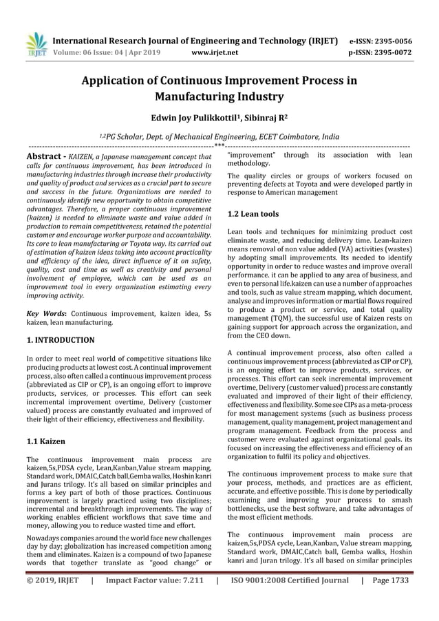 IRJET- Application of Continuous Improvement Process in Manufacturing ...