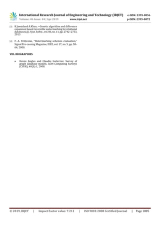 International Research Journal of Engineering and Technology (IRJET) e-ISSN: 2395-0056
Volume: 06 Issue: 04 | Apr 2019 www.irjet.net p-ISSN: 2395-0072
© 2019, IRJET | Impact Factor value: 7.211 | ISO 9001:2008 Certified Journal | Page 1885
[3] K.Jawadand A.Khan, ―Genetic algorithm and difference
expansion based reversible watermarkingfor relational
databases,‖ J. Syst. Softw.,vol.86,no.11,pp.2742–2753,
2013
[4] F. A. Petitcolas, “Watermarking schemes evaluation,”
Signal Pro-cessing Magazine, IEEE, vol. 17, no. 5, pp. 58–
64, 2000.
VIII. BIOGRAPHIES
 Renzo Angles and Claudio Gutierrez. Survey of
graph database models. ACM Computing Surveys
(CSUR), 40(1):1, 2008.
 