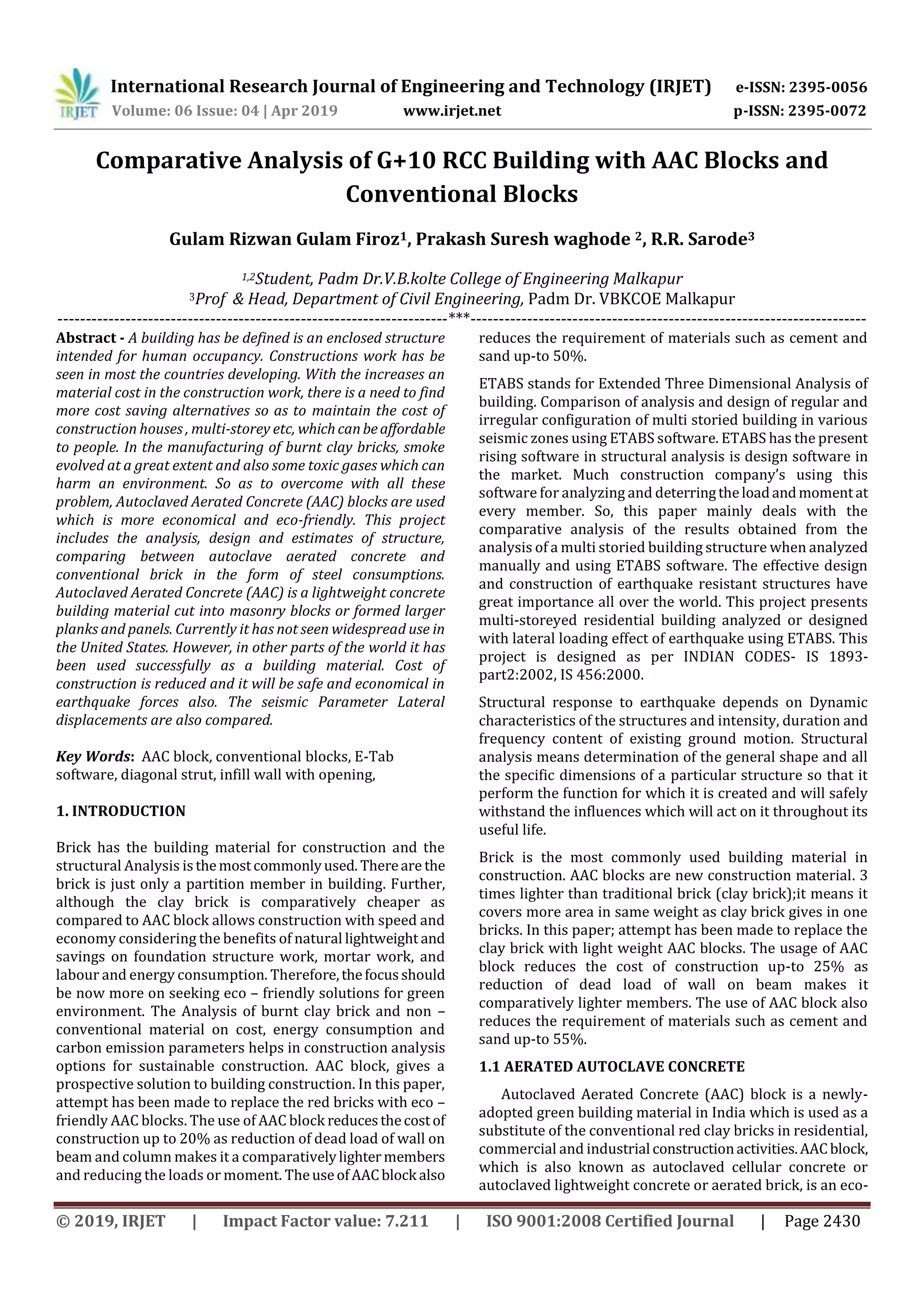IRJET- Comparative Analysis of G+10 RCC Building with AAC Blocks and ...