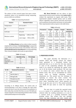 International Research Journal of Engineering and Technology (IRJET) e-ISSN: 2395-0056
Volume: 06 Issue: 04 | Apr 2019 www.irjet.net p-ISSN: 2395-0072
© 2019, IRJET | Impact Factor value: 7.211 | ISO 9001:2008 Certified Journal | Page 3193
The authors in their research paper have given certain
standards values to be maintained during composting
process which are as follows:
Table -1: Composting Standards
K. Udhaya Kumar and two others intheirresearch,
employed the techniqueofvermicomposting tocompost the
organic waste and convert it into a bio-fertilizer. They used
eisenia foetida species of earthworm forvermicomposting.
Their research samples and results are given below:
Table -2: Sample
Table -3: Result
SL NO. Chemical Parameters Content
1 pH 7.1
2 Salt EC (dSm-1) 1.2 kg
3 Nitrogen (N) 0.44 kg
4 Phosphorous (P) 0.257 kg
5 Potassium (K) 1.1 kg
According to K. Udhaya Kumar, the central idea of
vermicomposting is not only to manage the solid waste
system but also to save the environment from pollution. In
their study, they conclude that they can earn 9.36 lakhs per
annum using this vermicomposting method in their locality
called padmanadapuram municipality.
Md. Maruf Mortula and two others, in their
experimental research used a machine called nature mill to
conduct the experiment on organic solid waste. Their
experimental samples included greens such as salads,
leftover vegetables, beans, lemons and fruits and browns
such as potatoes, bread, poultry and meats,riceand noodles.
Their experimental results are given in the table below:
Table -4: Results
Parameter Sample
1
Sample
2
Sample
3
Ministry
Standards
pH 4.44 4.28 4.16 ≤7.5
Salinity 3.6% 4.7% 3.7% <2%
Moisture
content
55.53% 42.02% 55.10% <25%
Organic
carbon
54.56% 54.53% 53.96% Around
54%
C:N ratio 29.65:1 24.02:1 28.10:1 ≤20:1
Nitrogen 1.84% 2.27% 1.92% 1% to 5%
Colour Light
brown
Light
brown
Light
brown
Dark
brown
3. PROPOSED SYSTEM
This paper describes the fabrication of a
machine which will directly convert the organic
waste generated in a household kitchen into
pulverized form so as to serve the first step required
in most of the composting methods. The process
needs to be started by separating the organic waste
out of all the kitchen waste produced. The next step
is to remove the water content from the organic
kitchen waste. This can be accomplished by various
means such as heating, squeezing, vacuum
dehydration etc. This project uses the technique of
squeezing to remove the water content. The
principle of squeezing used is based on a type of
juicer called “masticating juicer” which squeezes the
fruits to get the juice out of it. This project primarily
uses 300W, 80 rpm motor to rotate the squeezing
blade.
The next step is to grind the squeezed waste
so as to convert it to pulverized form. This can be
achieved either by crushing mechanism as in case of
a common juicer or a grinding mechanism using
grinding stones. This project uses two grinding
stones, one kept stationary, and other rotated with
Factors Standard Values
Temperature 50 ˚C to 60 ˚C
pH 6.5 to 7.5
C/N ratio 25 to 30
Moisture content
Beginning – 60% to 70%
Later stages – 50% to 60%
Item Quantity in kg Percentage
Paper 0.5 10
Dry leaves 1 20
Vegetable waste 3 60
Wood 0.5 10
 