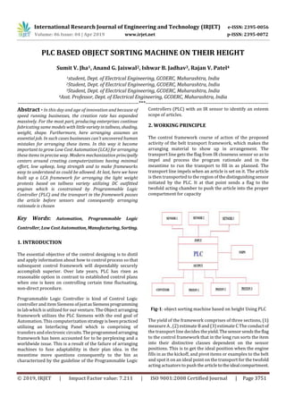 International Research Journal of Engineering and Technology (IRJET) e-ISSN: 2395-0056
Volume: 06 Issue: 04 | Apr 2019 www.irjet.net p-ISSN: 2395-0072
© 2019, IRJET | Impact Factor value: 7.211 | ISO 9001:2008 Certified Journal | Page 3751
PLC BASED OBJECT SORTING MACHINE ON THEIR HEIGHT
Sumit V. Jha1, Anand G. Jaiswal2, Ishwar B. Jadhav3, Rajan V. Patel4
1student, Dept. of Electrical Engineering, GCOERC, Maharashtra, India
2Student, Dept. of Electrical Engineering, GCOERC, Maharashtra, India
3Student, Dept. of Electrical Engineering, GCOERC, Maharashtra, India
4Asst. Professor, Dept. of Electrical Engineering, GCOERC, Maharashtra, India
---------------------------------------------------------------------***----------------------------------------------------------------------
Abstract - In this day and age of innovation and because of
speed running businesses, the creation rate has expanded
massively. For the most part, producing enterprises continue
fabricating same models with littlevarietyintallness, shading,
weight, shape. Furthermore, here arranging assumes an
essential job. In such cases businesses can't uncovered human
mistakes for arranging these items. In this way it become
important to grow Low Cost Automation (LCA) for arranging
these items in precise way. Modern mechanization principally
centers around creating computerizations having minimal
effort, low upkeep, long strength and to make frameworks
easy to understand as could be allowed. At last, here we have
built up a LCA framework for arranging the light weight
protests based on tallness variety utilizing DC outfitted
engines which is constrained by Programmable Logic
Controller (PLC) and the transport in the framework passes
the article before sensors and consequently arranging
rationale is chosen
Key Words: Automation, Programmable Logic
Controller, Low Cost Automation,Manufacturing,Sorting.
1. INTRODUCTION
The essential objective of the control designing is to distil
and apply information about how to control process so that
subsequent control framework will dependably securely
accomplish superior. Over late years, PLC has risen as
reasonable option in contrast to established control plans
when one is keen on controlling certain time fluctuating,
non-direct procedure.
Programmable Logic Controller is kind of Control Logic
controller and item Siemens ofjustasSiemensprogramming
in lab which is utilized for our venture. The Object arranging
framework utilizes the PLC Siemens with the end goal of
Automation. This computerizationstrategyisbeenpracticed
utilizing an Interfacing Panel which is comprising of
transfers and electronic circuits.Theprogrammedarranging
framework has been accounted for to be perplexing and a
worldwide issue. This is a result of the failure of arranging
machines to fuse adaptability in their plan idea. in the
meantime move questions consequently to the bin as
characterized by the guideline of the Programmable Logic
Controllers (PLC) with an IR sensor to identify an esteem
scope of articles.
2. WORKING PRINCIPLE
The control framework course of action of the proposed
activity of the belt transport framework, which makes the
arranging material to show up in arrangement. The
transport line gets the flag from IR closeness sensor so as to
impel and process the program rationale and in the
meantime to run the transport to fill in as planned. The
transport line impels when an article is set on it. The article
is then transported to the region of thedistinguishingsensor
initiated by the PLC. It at that point sends a flag to the
twofold acting chamber to push the article into the proper
compartment for capacity
Fig-1: object sorting machine based on height Using PLC
The yield of the framework comprises of three sections, (1)
measure A , (2) estimate B and (3) estimate C The conduct of
the transport line decides the yield.Thesensorsendstheflag
to the control framework that in the long run sorts the item
into their distinctive classes dependent on the sensor
positions. This is to get the ideal position when the engine
fills in as the kickoff, and pivot items or examples to the belt
and spot it on an ideal point on the transport for the twofold
acting actuators to push thearticletotheideal compartment.
 