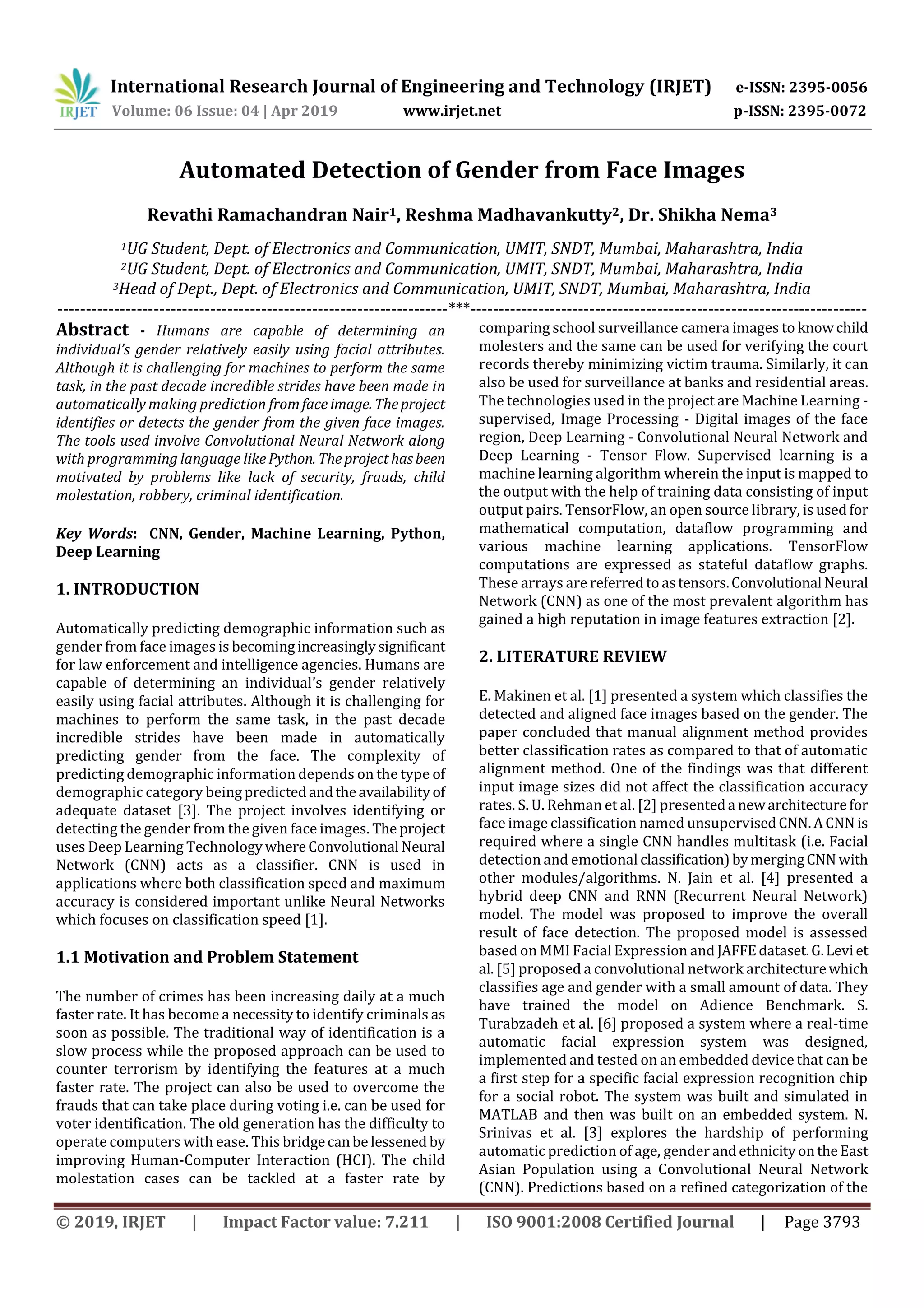 IRJET- Automated Detection of Gender from Face Images | PDF