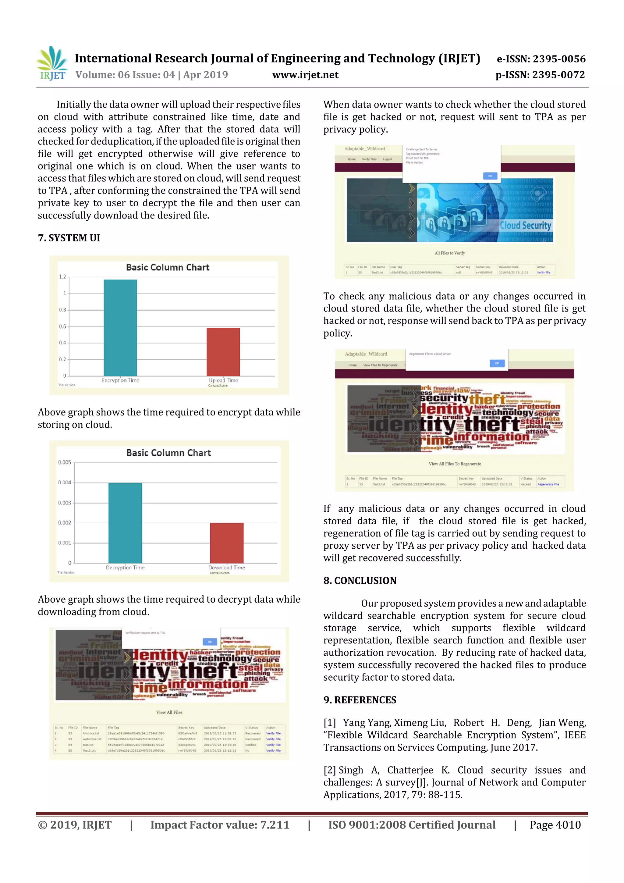 International Research Journal of Engineering and Technology (IRJET) e-ISSN: 2395-0056
Volume: 06 Issue: 04 | Apr 2019 www.irjet.net p-ISSN: 2395-0072
© 2019, IRJET | Impact Factor value: 7.211 | ISO 9001:2008 Certified Journal | Page 4010
Initially the data owner will upload their respectiveﬁles
on cloud with attribute constrained like time, date and
access policy with a tag. After that the stored data will
checked for deduplication,if theuploadedﬁleisoriginal then
ﬁle will get encrypted otherwise will give reference to
original one which is on cloud. When the user wants to
access that ﬁles which are stored on cloud, will send request
to TPA , after conforming the constrained the TPA will send
private key to user to decrypt the ﬁle and then user can
successfully download the desired ﬁle.
7. SYSTEM UI
Above graph shows the time required to encrypt data while
storing on cloud.
Above graph shows the time required to decrypt data while
downloading from cloud.
When data owner wants to check whether the cloud stored
file is get hacked or not, request will sent to TPA as per
privacy policy.
To check any malicious data or any changes occurred in
cloud stored data file, whether the cloud stored file is get
hacked or not, response will send back to TPA as perprivacy
policy.
If any malicious data or any changes occurred in cloud
stored data file, if the cloud stored file is get hacked,
regeneration of file tag is carried out by sending request to
proxy server by TPA as per privacy policy and hacked data
will get recovered successfully.
8. CONCLUSION
Our proposed system providesa newandadaptable
wildcard searchable encryption system for secure cloud
storage service, which supports flexible wildcard
representation, flexible search function and flexible user
authorization revocation. By reducing rate of hacked data,
system successfully recovered the hacked files to produce
security factor to stored data.
9. REFERENCES
[1] Yang Yang, Ximeng Liu, Robert H. Deng, Jian Weng,
“Flexible Wildcard Searchable Encryption System”, IEEE
Transactions on Services Computing, June 2017.
[2] Singh A, Chatterjee K. Cloud security issues and
challenges: A survey[J]. Journal of Network and Computer
Applications, 2017, 79: 88-115.
 