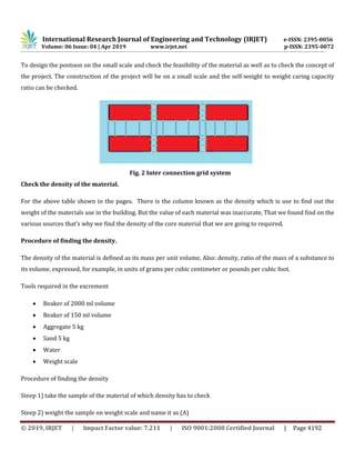 International Research Journal of Engineering and Technology (IRJET) e-ISSN: 2395-0056
Volume: 06 Issue: 04 | Apr 2019 www.irjet.net p-ISSN: 2395-0072
© 2019, IRJET | Impact Factor value: 7.211 | ISO 9001:2008 Certified Journal | Page 4192
To design the pontoon on the small scale and check the feasibility of the material as well as to check the concept of
the project. The construction of the project will be on a small scale and the self-weight to weight caring capacity
ratio can be checked.
Fig. 2 Inter connection grid system
Check the density of the material.
For the above table shown in the pages. There is the column known as the density which is use to find out the
weight of the materials use in the building. But the value of each material was inaccurate, That we found find on the
various sources that’s why we find the density of the core material that we are going to required.
Procedure of finding the density.
The density of the material is defined as its mass per unit volume. Also: density, ratio of the mass of a substance to
its volume, expressed, for example, in units of grams per cubic centimeter or pounds per cubic foot.
Tools required in the excrement
 Beaker of 2000 ml volume
 Beaker of 150 ml volume
 Aggregate 5 kg
 Sand 5 kg
 Water
 Weight scale
Procedure of finding the density
Steep 1) take the sample of the material of which density has to check
Steep 2) weight the sample on weight scale and name it as (A)
 