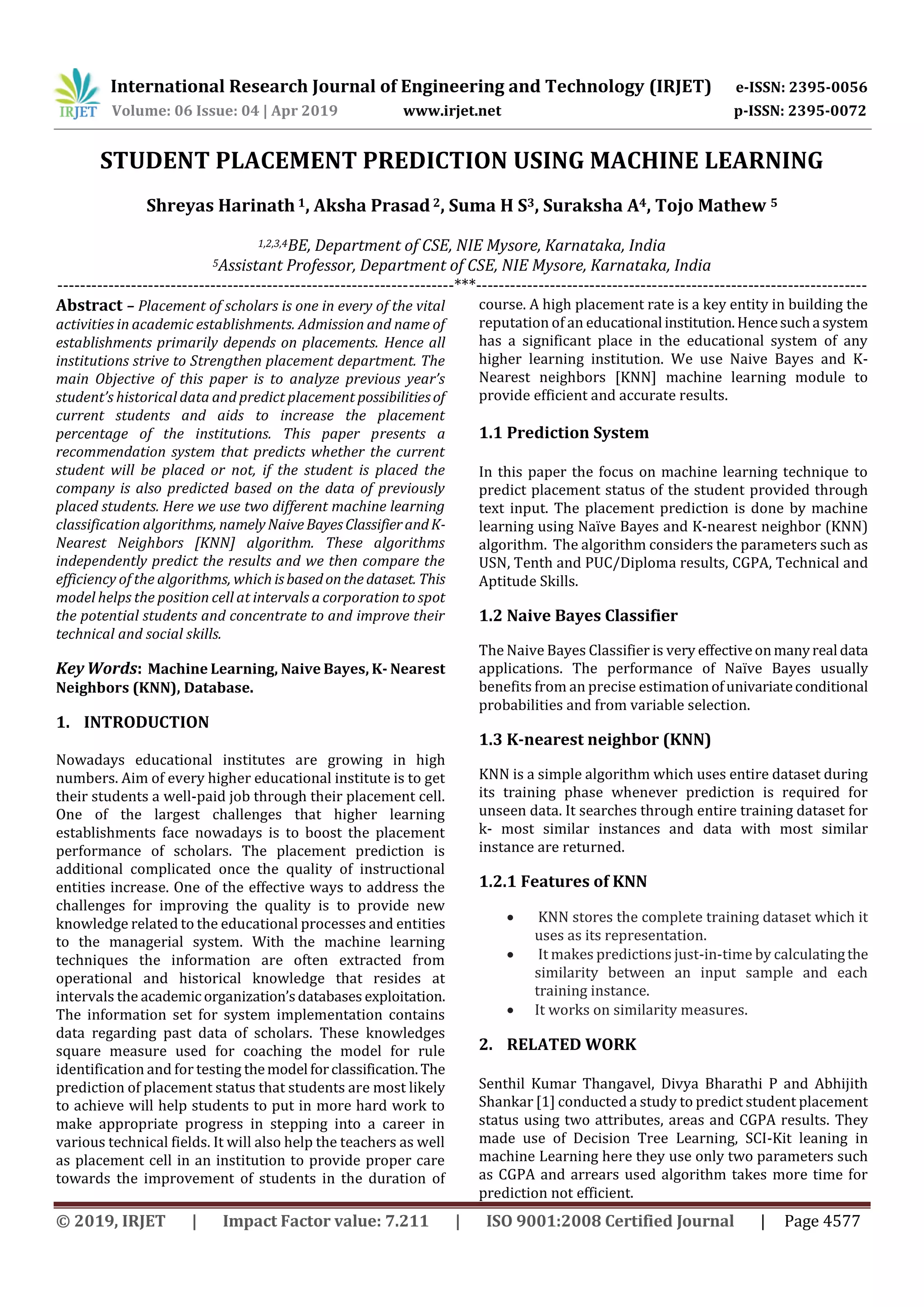 IRJET- Student Placement Prediction using Machine Learning | PDF