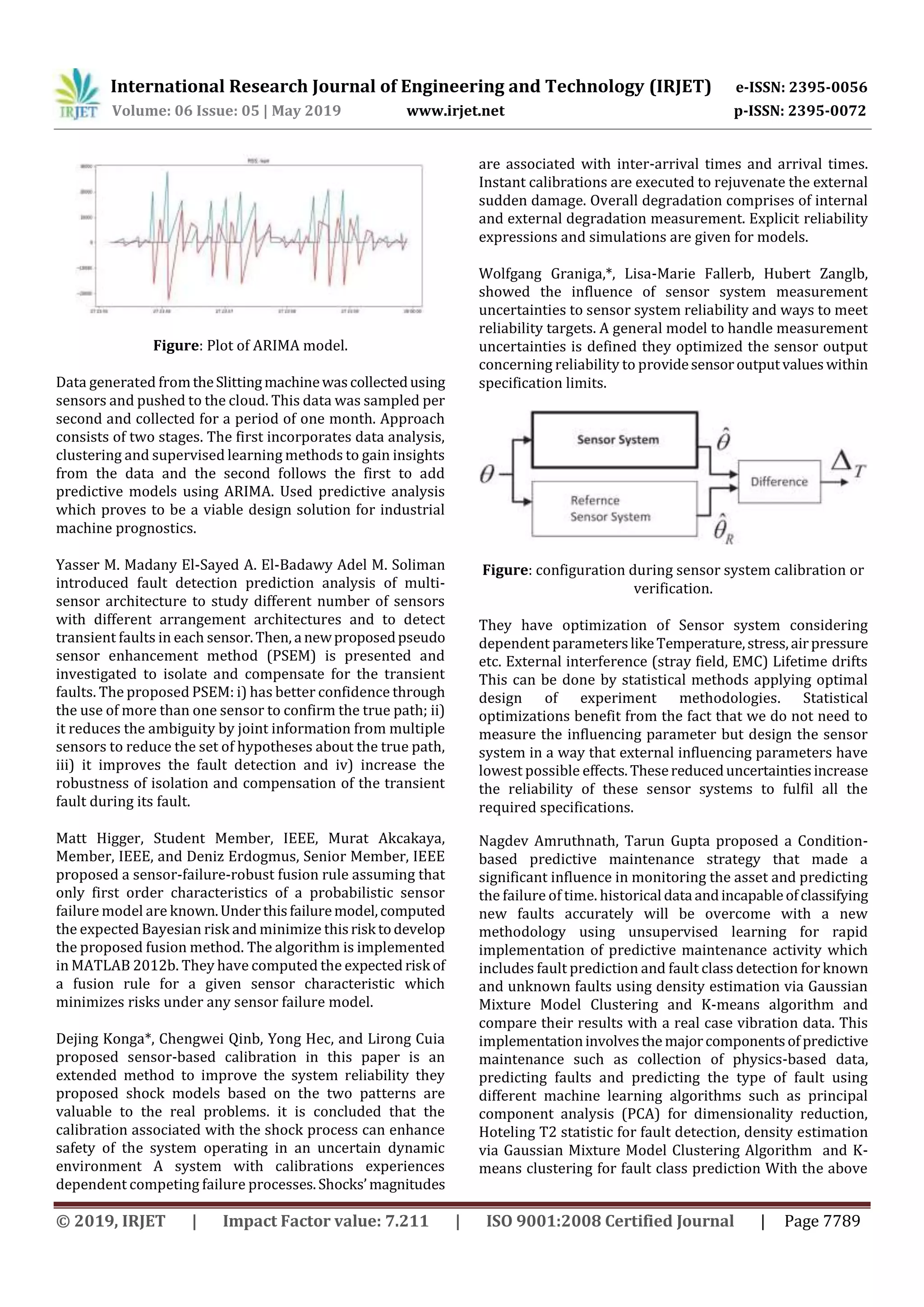 International Research Journal of Engineering and Technology (IRJET) e-ISSN: 2395-0056
Volume: 06 Issue: 05 | May 2019 www.irjet.net p-ISSN: 2395-0072
© 2019, IRJET | Impact Factor value: 7.211 | ISO 9001:2008 Certified Journal | Page 7789
Figure: Plot of ARIMA model.
Data generated fromtheSlittingmachinewascollectedusing
sensors and pushed to the cloud. This data was sampled per
second and collected for a period of one month. Approach
consists of two stages. The first incorporates data analysis,
clustering and supervised learning methods to gain insights
from the data and the second follows the first to add
predictive models using ARIMA. Used predictive analysis
which proves to be a viable design solution for industrial
machine prognostics.
Yasser M. Madany El-Sayed A. El-Badawy Adel M. Soliman
introduced fault detection prediction analysis of multi-
sensor architecture to study different number of sensors
with different arrangement architectures and to detect
transient faults in each sensor.Then, a newproposedpseudo
sensor enhancement method (PSEM) is presented and
investigated to isolate and compensate for the transient
faults. The proposed PSEM: i) has better confidence through
the use of more than one sensor to confirm the true path; ii)
it reduces the ambiguity by joint information from multiple
sensors to reduce the set of hypotheses about the true path,
iii) it improves the fault detection and iv) increase the
robustness of isolation and compensation of the transient
fault during its fault.
Matt Higger, Student Member, IEEE, Murat Akcakaya,
Member, IEEE, and Deniz Erdogmus, Senior Member, IEEE
proposed a sensor-failure-robust fusion rule assuming that
only first order characteristics of a probabilistic sensor
failure model are known.Underthisfailuremodel,computed
the expected Bayesian risk and minimize thisrisk todevelop
the proposed fusion method. The algorithm is implemented
in MATLAB 2012b. They have computed the expected risk of
a fusion rule for a given sensor characteristic which
minimizes risks under any sensor failure model.
Dejing Konga*, Chengwei Qinb, Yong Hec, and Lirong Cuia
proposed sensor-based calibration in this paper is an
extended method to improve the system reliability they
proposed shock models based on the two patterns are
valuable to the real problems. it is concluded that the
calibration associated with the shock process can enhance
safety of the system operating in an uncertain dynamic
environment A system with calibrations experiences
dependent competing failure processes.Shocks’magnitudes
are associated with inter-arrival times and arrival times.
Instant calibrations are executed to rejuvenate the external
sudden damage. Overall degradation comprises of internal
and external degradation measurement. Explicit reliability
expressions and simulations are given for models.
Wolfgang Graniga,*, Lisa-Marie Fallerb, Hubert Zanglb,
showed the influence of sensor system measurement
uncertainties to sensor system reliability and ways to meet
reliability targets. A general model to handle measurement
uncertainties is defined they optimized the sensor output
concerning reliability to providesensoroutputvalueswithin
specification limits.
Figure: configuration during sensor system calibration or
verification.
They have optimization of Sensor system considering
dependent parameterslikeTemperature,stress,airpressure
etc. External interference (stray field, EMC) Lifetime drifts
This can be done by statistical methods applying optimal
design of experiment methodologies. Statistical
optimizations benefit from the fact that we do not need to
measure the influencing parameter but design the sensor
system in a way that external influencing parameters have
lowest possible effects.Thesereduceduncertaintiesincrease
the reliability of these sensor systems to fulfil all the
required specifications.
Nagdev Amruthnath, Tarun Gupta proposed a Condition-
based predictive maintenance strategy that made a
significant influence in monitoring the asset and predicting
the failure of time. historical data andincapableofclassifying
new faults accurately will be overcome with a new
methodology using unsupervised learning for rapid
implementation of predictive maintenance activity which
includes fault prediction and fault class detection for known
and unknown faults using density estimation via Gaussian
Mixture Model Clustering and K-means algorithm and
compare their results with a real case vibration data. This
implementationinvolvesthe majorcomponentsof predictive
maintenance such as collection of physics-based data,
predicting faults and predicting the type of fault using
different machine learning algorithms such as principal
component analysis (PCA) for dimensionality reduction,
Hoteling T2 statistic for fault detection, density estimation
via Gaussian Mixture Model Clustering Algorithm and K-
means clustering for fault class prediction With the above
 