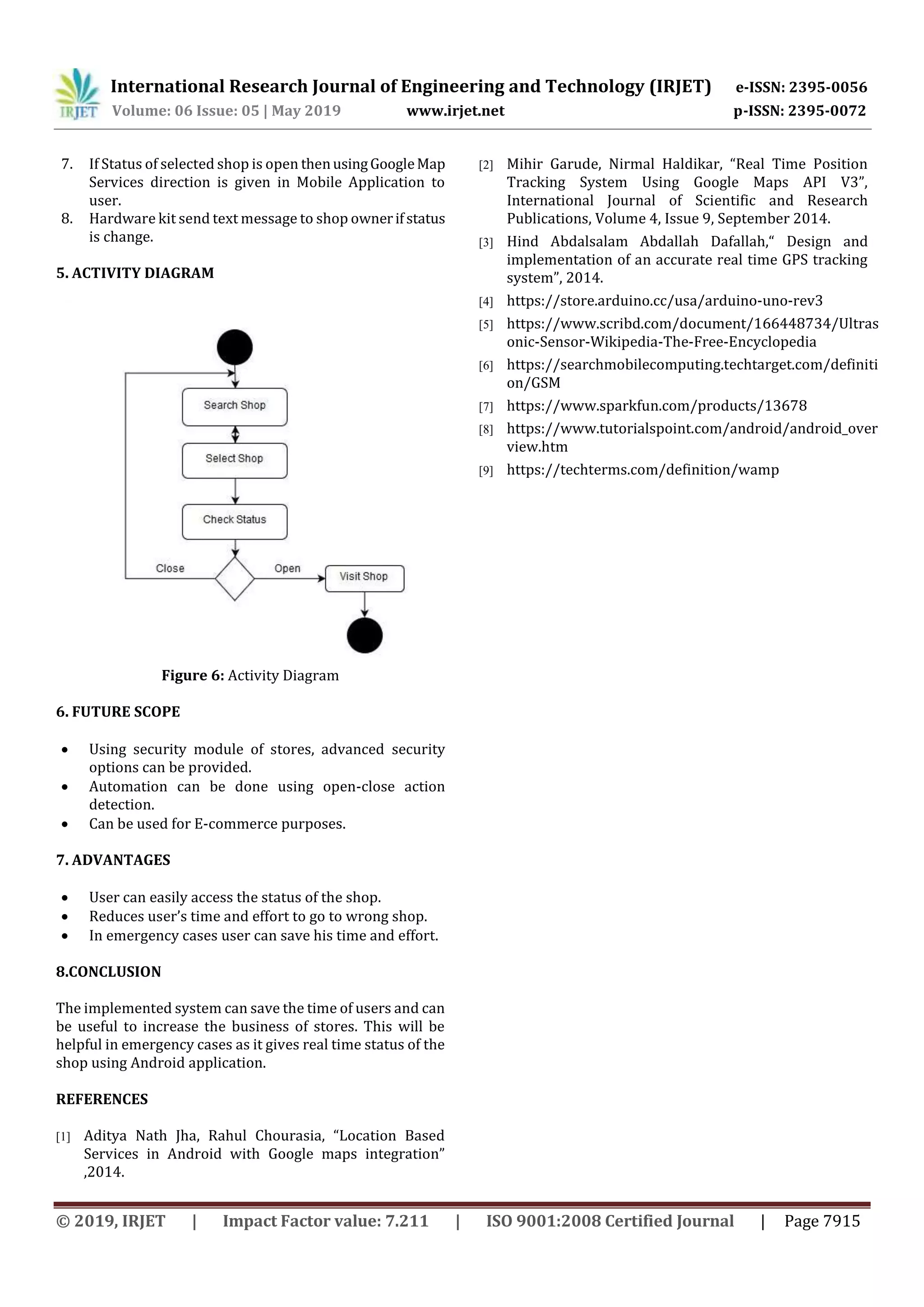 International Research Journal of Engineering and Technology (IRJET) e-ISSN: 2395-0056
Volume: 06 Issue: 05 | May 2019 www.irjet.net p-ISSN: 2395-0072
© 2019, IRJET | Impact Factor value: 7.211 | ISO 9001:2008 Certified Journal | Page 7915
7. If Status of selected shop is open thenusingGoogleMap
Services direction is given in Mobile Application to
user.
8. Hardware kit send text message to shop ownerifstatus
is change.
5. ACTIVITY DIAGRAM
Figure 6: Activity Diagram
6. FUTURE SCOPE
 Using security module of stores, advanced security
options can be provided.
 Automation can be done using open-close action
detection.
 Can be used for E-commerce purposes.
7. ADVANTAGES
 User can easily access the status of the shop.
 Reduces user’s time and effort to go to wrong shop.
 In emergency cases user can save his time and effort.
8.CONCLUSION
The implemented system can save the time of users and can
be useful to increase the business of stores. This will be
helpful in emergency cases as it gives real time status of the
shop using Android application.
REFERENCES
[1] Aditya Nath Jha, Rahul Chourasia, “Location Based
Services in Android with Google maps integration”
,2014.
[2] Mihir Garude, Nirmal Haldikar, “Real Time Position
Tracking System Using Google Maps API V3”,
International Journal of Scientific and Research
Publications, Volume 4, Issue 9, September 2014.
[3] Hind Abdalsalam Abdallah Dafallah,“ Design and
implementation of an accurate real time GPS tracking
system”, 2014.
[4] https://store.arduino.cc/usa/arduino-uno-rev3
[5] https://www.scribd.com/document/166448734/Ultras
onic-Sensor-Wikipedia-The-Free-Encyclopedia
[6] https://searchmobilecomputing.techtarget.com/definiti
on/GSM
[7] https://www.sparkfun.com/products/13678
[8] https://www.tutorialspoint.com/android/android_over
view.htm
[9] https://techterms.com/definition/wamp
 
