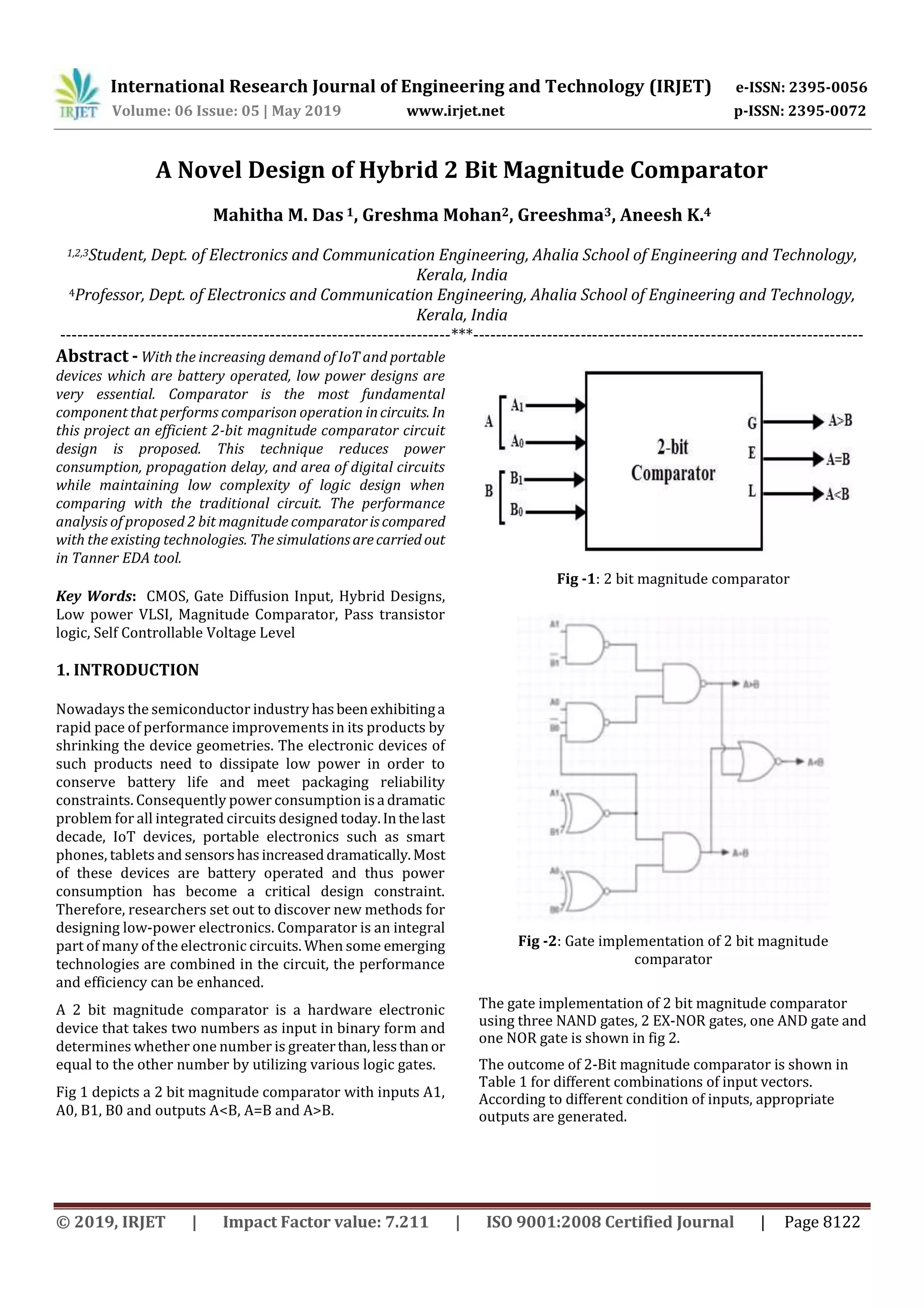 IRJET- A Novel Design of Hybrid 2 Bit Magnitude Comparator | PDF