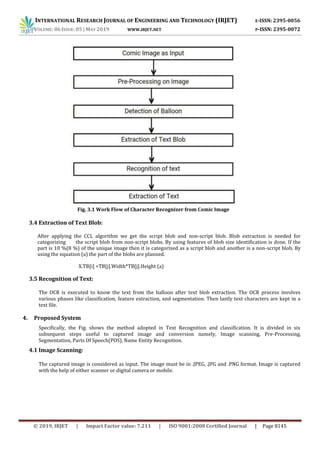 INTERNATIONAL RESEARCH JOURNAL OF ENGINEERING AND TECHNOLOGY (IRJET) E-ISSN: 2395-0056
VOLUME: 06 ISSUE: 05 | MAY 2019 WWW.IRJET.NET P-ISSN: 2395-0072
© 2019, IRJET | Impact Factor value: 7.211 | ISO 9001:2008 Certified Journal | Page 8145
Fig. 3.1 Work Flow of Character Recognizer from Comic Image
3.4 Extraction of Text Blob:
After applying the CCL algorithm we get the script blob and non-script blob. Blob extraction is needed for
categorizing the script blob from non-script blobs. By using features of blob size identification is done. If the
part is 10 %(8 %) of the unique image then it is categorized as a script blob and another is a non-script blob. By
using the equation (a) the part of the blobs are planned.
X.TB[i] =TB[j].Width*TB[j].Height (a)
3.5 Recognition of Text:
The OCR is executed to know the text from the balloon after text blob extraction. The OCR process involves
various phases like classification, feature extraction, and segmentation. Then lastly text characters are kept in a
text file.
4. Proposed System
Specifically, the Fig. shows the method adopted in Text Recognition and classification. It is divided in six
subsequent steps useful to captured image and conversion namely, Image scanning, Pre-Processing,
Segmentation, Parts Of Speech(POS), Name Entity Recognition.
4.1 Image Scanning:
The captured image is considered as input. The image must be in .JPEG, .JPG and .PNG format. Image is captured
with the help of either scanner or digital camera or mobile.
 