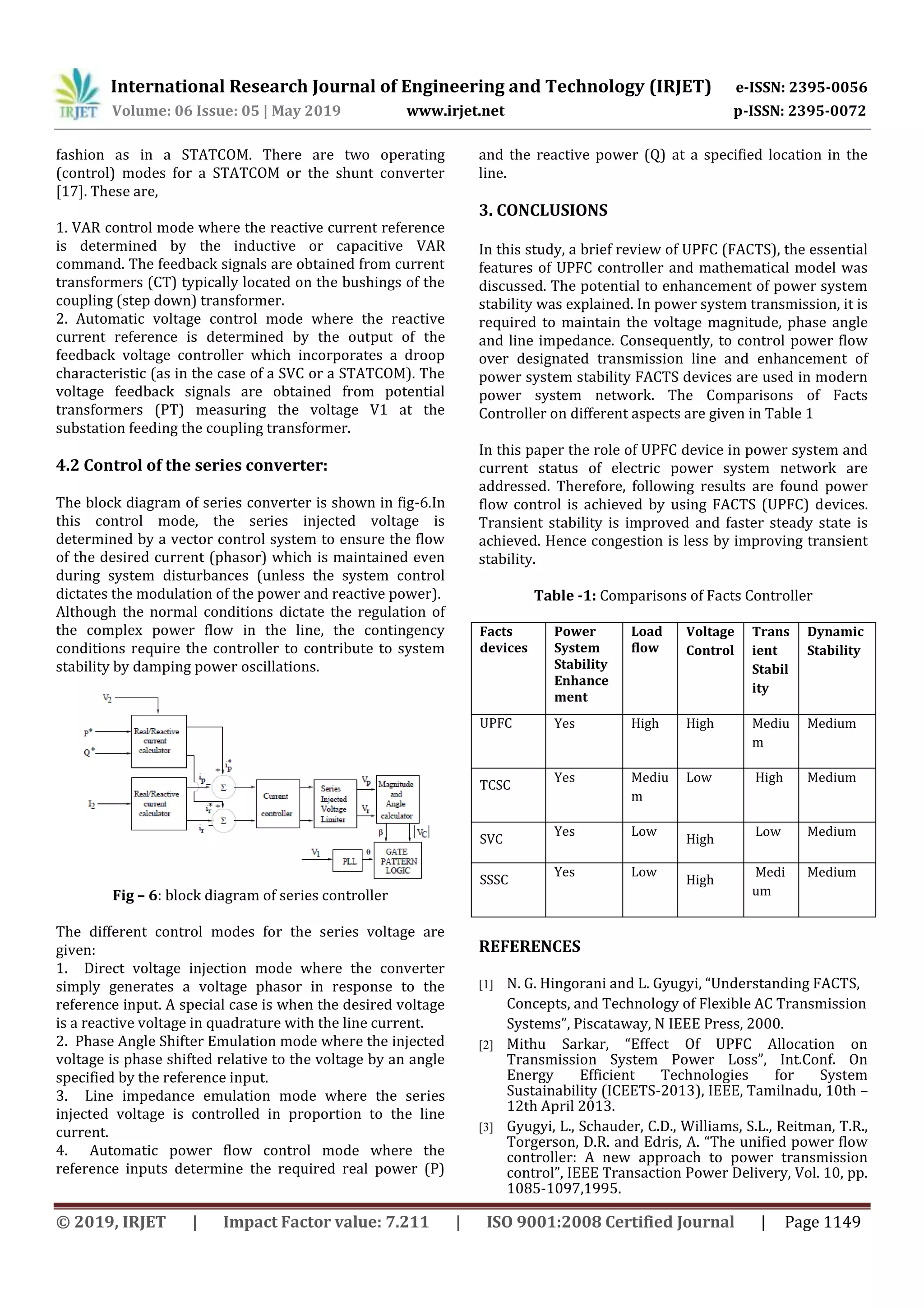 International Research Journal of Engineering and Technology (IRJET) e-ISSN: 2395-0056
Volume: 06 Issue: 05 | May 2019 www.irjet.net p-ISSN: 2395-0072
© 2019, IRJET | Impact Factor value: 7.211 | ISO 9001:2008 Certified Journal | Page 1149
fashion as in a STATCOM. There are two operating
(control) modes for a STATCOM or the shunt converter
[17]. These are,
1. VAR control mode where the reactive current reference
is determined by the inductive or capacitive VAR
command. The feedback signals are obtained from current
transformers (CT) typically located on the bushings of the
coupling (step down) transformer.
2. Automatic voltage control mode where the reactive
current reference is determined by the output of the
feedback voltage controller which incorporates a droop
characteristic (as in the case of a SVC or a STATCOM). The
voltage feedback signals are obtained from potential
transformers (PT) measuring the voltage V1 at the
substation feeding the coupling transformer.
4.2 Control of the series converter:
The block diagram of series converter is shown in fig-6.In
this control mode, the series injected voltage is
determined by a vector control system to ensure the flow
of the desired current (phasor) which is maintained even
during system disturbances (unless the system control
dictates the modulation of the power and reactive power).
Although the normal conditions dictate the regulation of
the complex power flow in the line, the contingency
conditions require the controller to contribute to system
stability by damping power oscillations.
Fig – 6: block diagram of series controller
The different control modes for the series voltage are
given:
1. Direct voltage injection mode where the converter
simply generates a voltage phasor in response to the
reference input. A special case is when the desired voltage
is a reactive voltage in quadrature with the line current.
2. Phase Angle Shifter Emulation mode where the injected
voltage is phase shifted relative to the voltage by an angle
specified by the reference input.
3. Line impedance emulation mode where the series
injected voltage is controlled in proportion to the line
current.
4. Automatic power flow control mode where the
reference inputs determine the required real power (P)
and the reactive power (Q) at a specified location in the
line.
3. CONCLUSIONS
In this study, a brief review of UPFC (FACTS), the essential
features of UPFC controller and mathematical model was
discussed. The potential to enhancement of power system
stability was explained. In power system transmission, it is
required to maintain the voltage magnitude, phase angle
and line impedance. Consequently, to control power flow
over designated transmission line and enhancement of
power system stability FACTS devices are used in modern
power system network. The Comparisons of Facts
Controller on different aspects are given in Table 1
In this paper the role of UPFC device in power system and
current status of electric power system network are
addressed. Therefore, following results are found power
flow control is achieved by using FACTS (UPFC) devices.
Transient stability is improved and faster steady state is
achieved. Hence congestion is less by improving transient
stability.
Table -1: Comparisons of Facts Controller
Facts
devices
Power
System
Stability
Enhance
ment
Load
flow
Voltage
Control
Trans
ient
Stabil
ity
Dynamic
Stability
UPFC Yes High High Mediu
m
Medium
TCSC
Yes Mediu
m
Low High Medium
SVC
Yes Low
High
Low Medium
SSSC
Yes Low
High
Medi
um
Medium
REFERENCES
[1] N. G. Hingorani and L. Gyugyi, “Understanding FACTS,
Concepts, and Technology of Flexible AC Transmission
Systems”, Piscataway, N IEEE Press, 2000.
[2] Mithu Sarkar, “Effect Of UPFC Allocation on
Transmission System Power Loss”, Int.Conf. On
Energy Efficient Technologies for System
Sustainability (ICEETS-2013), IEEE, Tamilnadu, 10th –
12th April 2013.
[3] Gyugyi, L., Schauder, C.D., Williams, S.L., Reitman, T.R.,
Torgerson, D.R. and Edris, A. “The unified power flow
controller: A new approach to power transmission
control”, IEEE Transaction Power Delivery, Vol. 10, pp.
1085-1097,1995.
 