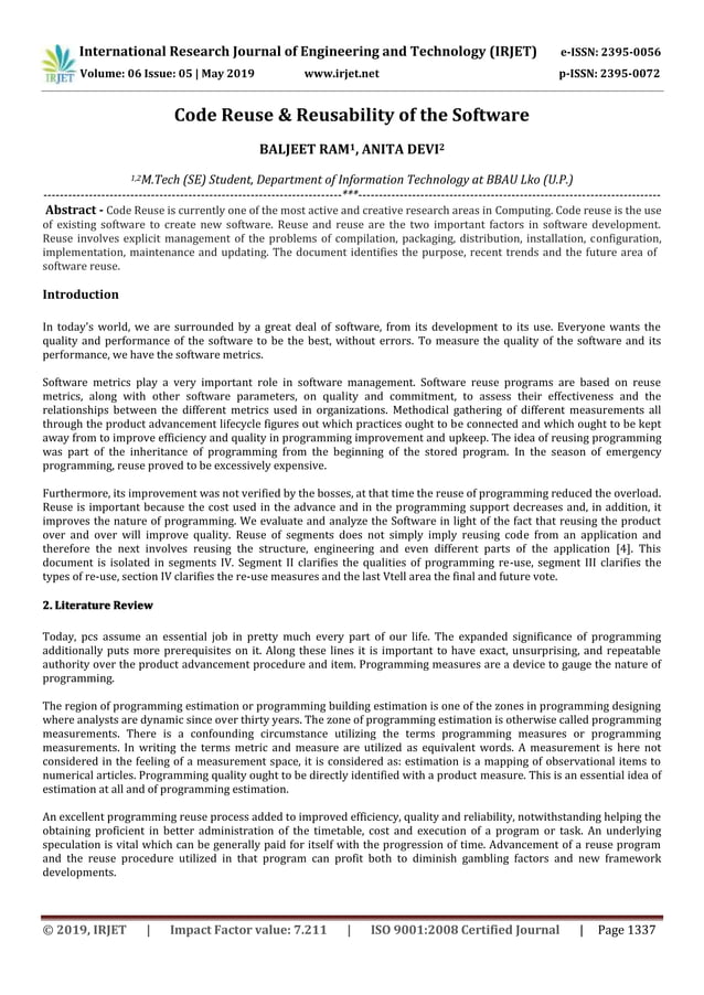IRJET- Code Reuse & Reusability of the Software | PDF