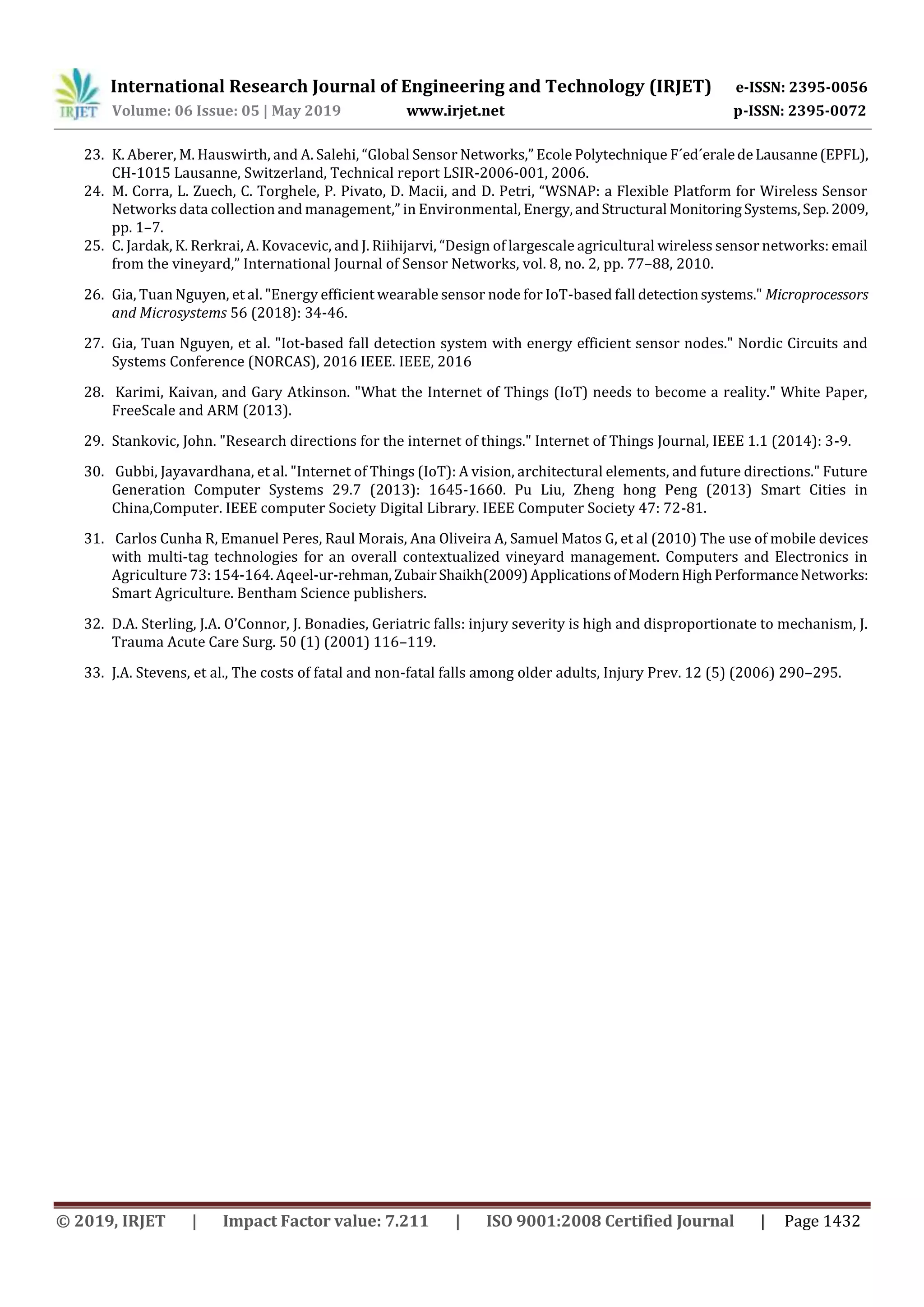 International Research Journal of Engineering and Technology (IRJET) e-ISSN: 2395-0056
Volume: 06 Issue: 05 | May 2019 www.irjet.net p-ISSN: 2395-0072
© 2019, IRJET | Impact Factor value: 7.211 | ISO 9001:2008 Certified Journal | Page 1432
23. K. Aberer, M. Hauswirth, and A. Salehi, “Global Sensor Networks,” Ecole Polytechnique F´ed´eraledeLausanne(EPFL),
CH-1015 Lausanne, Switzerland, Technical report LSIR-2006-001, 2006.
24. M. Corra, L. Zuech, C. Torghele, P. Pivato, D. Macii, and D. Petri, “WSNAP: a Flexible Platform for Wireless Sensor
Networks data collection and management,” in Environmental, Energy,andStructural MonitoringSystems,Sep.2009,
pp. 1–7.
25. C. Jardak, K. Rerkrai, A. Kovacevic, and J. Riihijarvi, “Design of largescale agricultural wireless sensor networks: email
from the vineyard,” International Journal of Sensor Networks, vol. 8, no. 2, pp. 77–88, 2010.
26. Gia, Tuan Nguyen, et al. "Energy efficient wearable sensor node for IoT-based fall detectionsystems." Microprocessors
and Microsystems 56 (2018): 34-46.
27. Gia, Tuan Nguyen, et al. "Iot-based fall detection system with energy efficient sensor nodes." Nordic Circuits and
Systems Conference (NORCAS), 2016 IEEE. IEEE, 2016
28. Karimi, Kaivan, and Gary Atkinson. "What the Internet of Things (IoT) needs to become a reality." White Paper,
FreeScale and ARM (2013).
29. Stankovic, John. "Research directions for the internet of things." Internet of Things Journal, IEEE 1.1 (2014): 3-9.
30. Gubbi, Jayavardhana, et al. "Internet of Things (IoT): A vision, architectural elements, and future directions." Future
Generation Computer Systems 29.7 (2013): 1645-1660. Pu Liu, Zheng hong Peng (2013) Smart Cities in
China,Computer. IEEE computer Society Digital Library. IEEE Computer Society 47: 72-81.
31. Carlos Cunha R, Emanuel Peres, Raul Morais, Ana Oliveira A, Samuel Matos G, et al (2010) The use of mobile devices
with multi-tag technologies for an overall contextualized vineyard management. Computers and Electronics in
Agriculture 73: 154-164. Aqeel-ur-rehman,ZubairShaikh(2009)ApplicationsofModernHighPerformanceNetworks:
Smart Agriculture. Bentham Science publishers.
32. D.A. Sterling, J.A. O’Connor, J. Bonadies, Geriatric falls: injury severity is high and disproportionate to mechanism, J.
Trauma Acute Care Surg. 50 (1) (2001) 116–119.
33. J.A. Stevens, et al., The costs of fatal and non-fatal falls among older adults, Injury Prev. 12 (5) (2006) 290–295.
 
