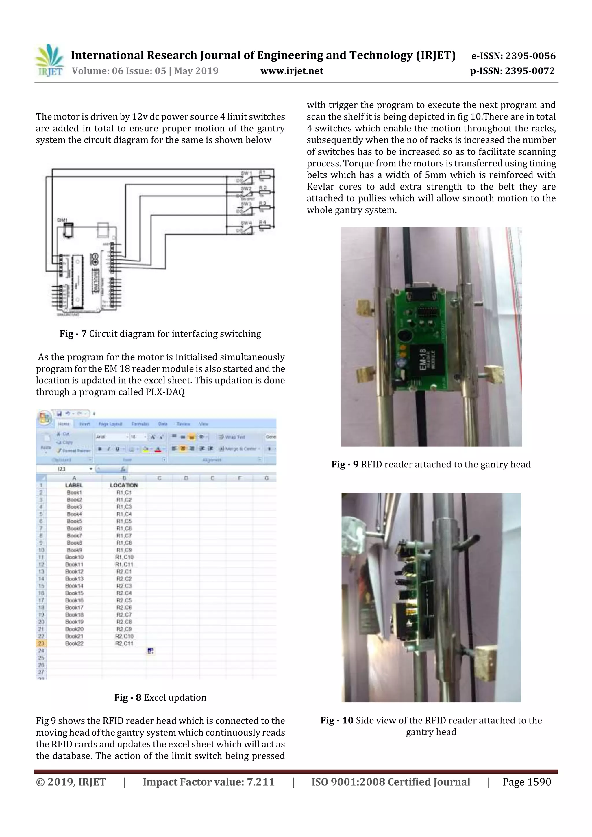 International Research Journal of Engineering and Technology (IRJET) e-ISSN: 2395-0056
Volume: 06 Issue: 05 | May 2019 www.irjet.net p-ISSN: 2395-0072
© 2019, IRJET | Impact Factor value: 7.211 | ISO 9001:2008 Certified Journal | Page 1590
The motor is driven by 12v dc power source 4 limit switches
are added in total to ensure proper motion of the gantry
system the circuit diagram for the same is shown below
Fig - 7 Circuit diagram for interfacing switching
As the program for the motor is initialised simultaneously
program for the EM 18 reader module is also startedandthe
location is updated in the excel sheet. This updation is done
through a program called PLX-DAQ
Fig - 8 Excel updation
Fig 9 shows the RFID reader head which is connected to the
moving head of the gantry system which continuously reads
the RFID cards and updates the excel sheet which will act as
the database. The action of the limit switch being pressed
with trigger the program to execute the next program and
scan the shelf it is being depicted in fig 10.There are in total
4 switches which enable the motion throughout the racks,
subsequently when the no of racks is increased the number
of switches has to be increased so as to facilitate scanning
process. Torque from the motors is transferred using timing
belts which has a width of 5mm which is reinforced with
Kevlar cores to add extra strength to the belt they are
attached to pullies which will allow smooth motion to the
whole gantry system.
Fig - 9 RFID reader attached to the gantry head
Fig - 10 Side view of the RFID reader attached to the
gantry head
 