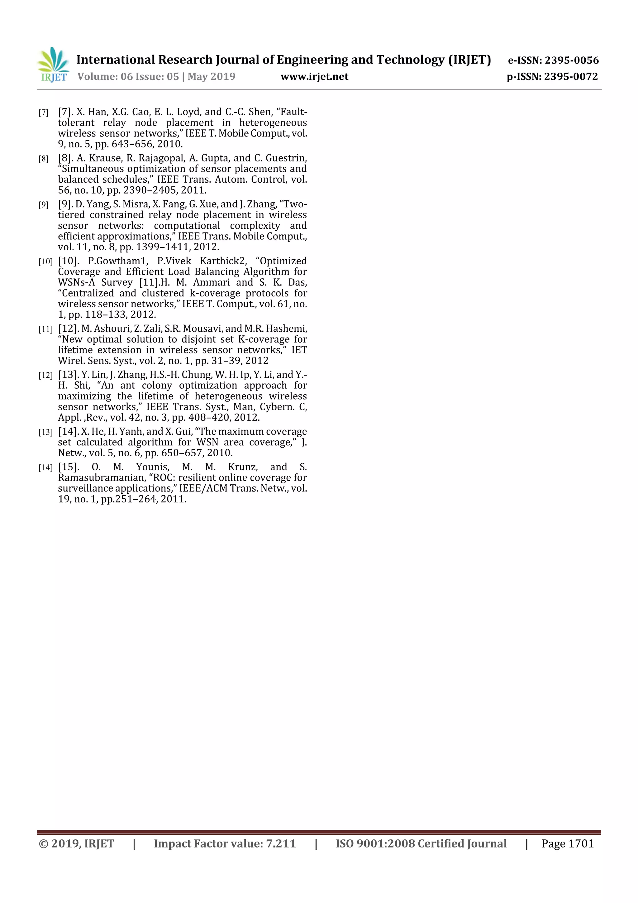 International Research Journal of Engineering and Technology (IRJET) e-ISSN: 2395-0056 Volume: 06 Issue: 05 | May 2019 www.irjet.net p-ISSN: 2395-0072 © 2019, IRJET | Impact Factor value: 7.211 | ISO 9001:2008 Certified Journal | Page 1701 [7] [7]. X. Han, X.G. Cao, E. L. Loyd, and C.-C. Shen, “Fault- tolerant relay node placement in heterogeneous wireless sensor networks,” IEEET.MobileComput.,vol. 9, no. 5, pp. 643–656, 2010. [8] [8]. A. Krause, R. Rajagopal, A. Gupta, and C. Guestrin, “Simultaneous optimization of sensor placements and balanced schedules,” IEEE Trans. Autom. Control, vol. 56, no. 10, pp. 2390–2405, 2011. [9] [9]. D. Yang, S. Misra, X. Fang, G. Xue, and J. Zhang, “Two- tiered constrained relay node placement in wireless sensor networks: computational complexity and efficient approximations,” IEEE Trans. Mobile Comput., vol. 11, no. 8, pp. 1399–1411, 2012. [10] [10]. P.Gowtham1, P.Vivek Karthick2, “Optimized Coverage and Efficient Load Balancing Algorithm for WSNs-A Survey [11].H. M. Ammari and S. K. Das, “Centralized and clustered k-coverage protocols for wireless sensor networks,” IEEE T. Comput., vol. 61, no. 1, pp. 118–133, 2012. [11] [12]. M. Ashouri, Z. Zali, S.R. Mousavi, and M.R. Hashemi, “New optimal solution to disjoint set K-coverage for lifetime extension in wireless sensor networks,” IET Wirel. Sens. Syst., vol. 2, no. 1, pp. 31–39, 2012 [12] [13]. Y. Lin, J. Zhang, H.S.-H. Chung, W. H. Ip, Y. Li, and Y.- H. Shi, “An ant colony optimization approach for maximizing the lifetime of heterogeneous wireless sensor networks,” IEEE Trans. Syst., Man, Cybern. C, Appl. ,Rev., vol. 42, no. 3, pp. 408–420, 2012. [13] [14]. X. He, H. Yanh, and X. Gui, “The maximum coverage set calculated algorithm for WSN area coverage,” J. Netw., vol. 5, no. 6, pp. 650–657, 2010. [14] [15]. O. M. Younis, M. M. Krunz, and S. Ramasubramanian, “ROC: resilient online coverage for surveillance applications,” IEEE/ACM Trans. Netw., vol. 19, no. 1, pp.251–264, 2011. 